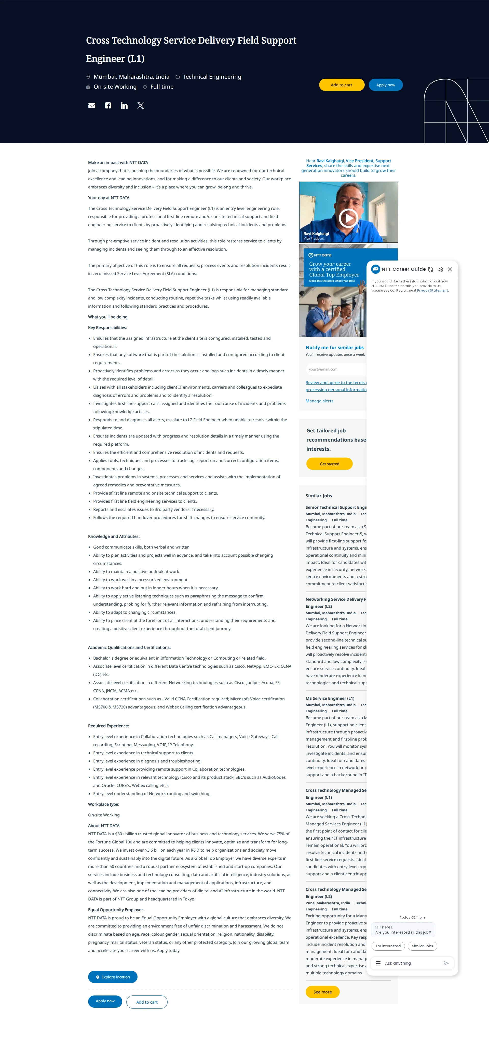 NTT데이터 Cross Technology Service Delivery Field Support Engineer (L1) 채용공고