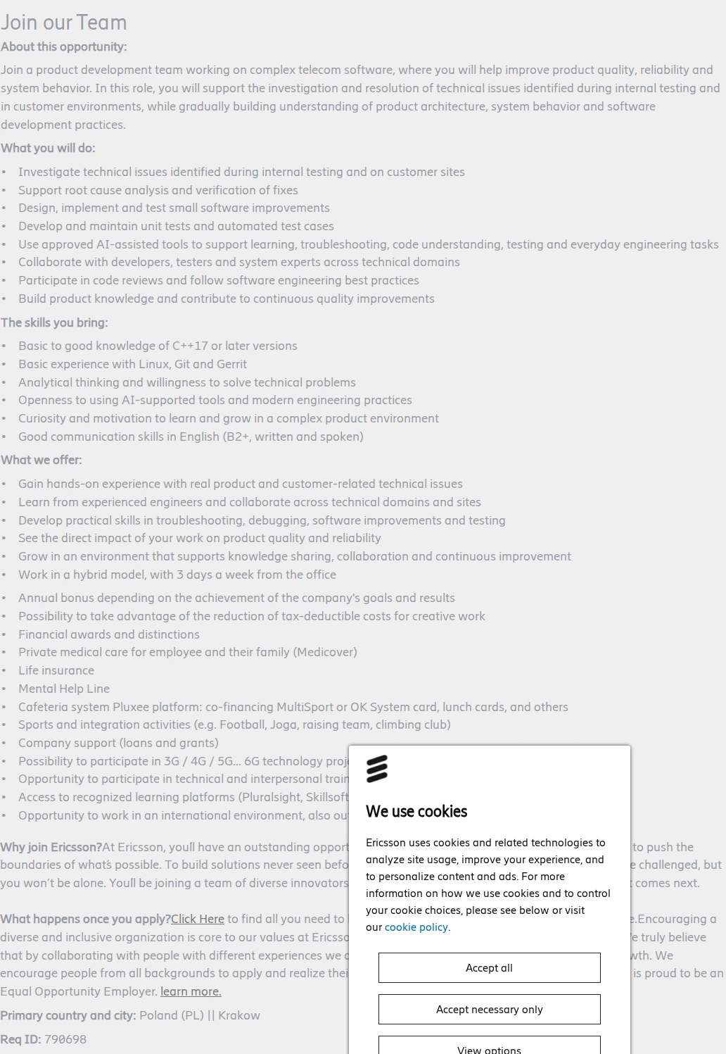 LG에릭슨 Junior Software Developer- Troubleshooting and Product Quality 채용공고