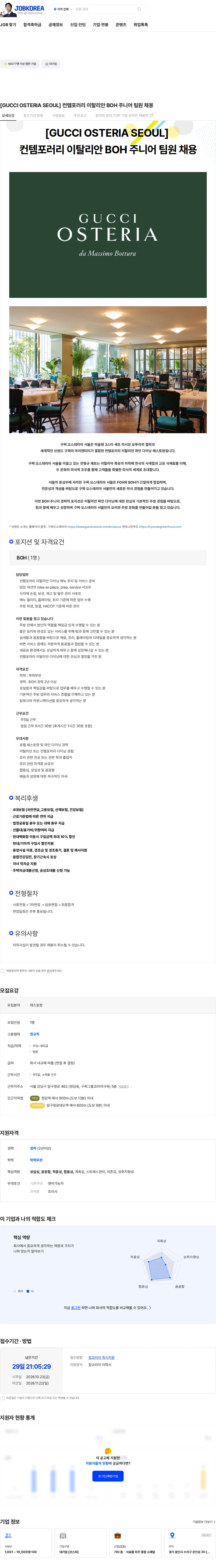 현대그린푸드 [GUCCI OSTERIA SEOUL] 컨템포러리 이탈리안 BOH 주니어 팀원 채용 채용공고