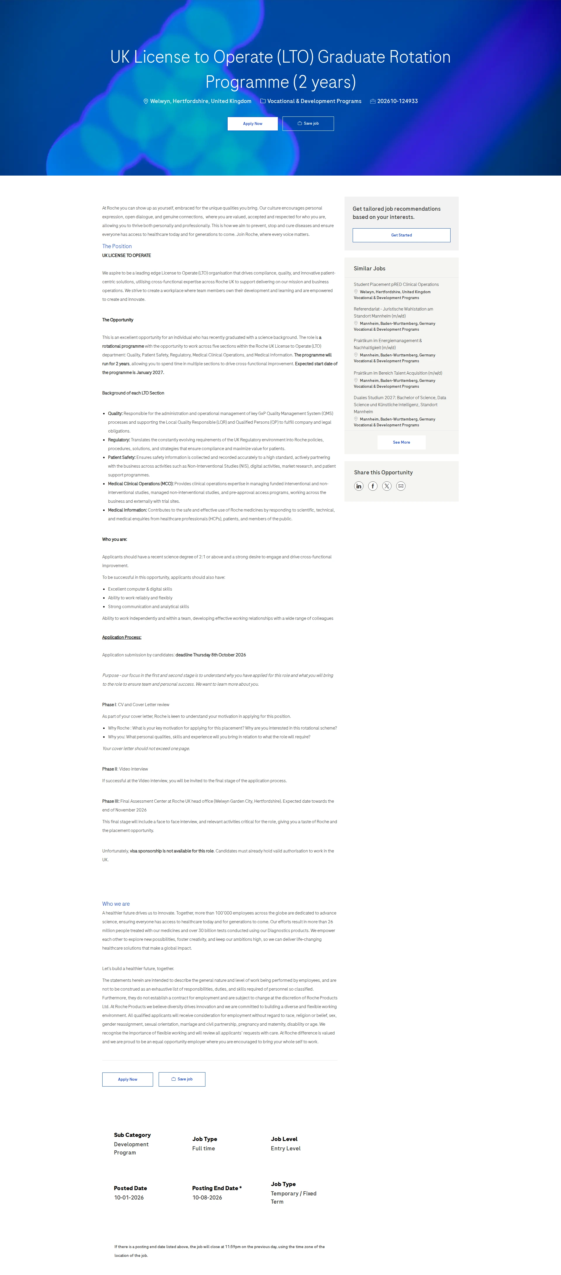 로슈 UK License to Operate (LTO) Graduate Rotation Programme (2 years) 채용공고