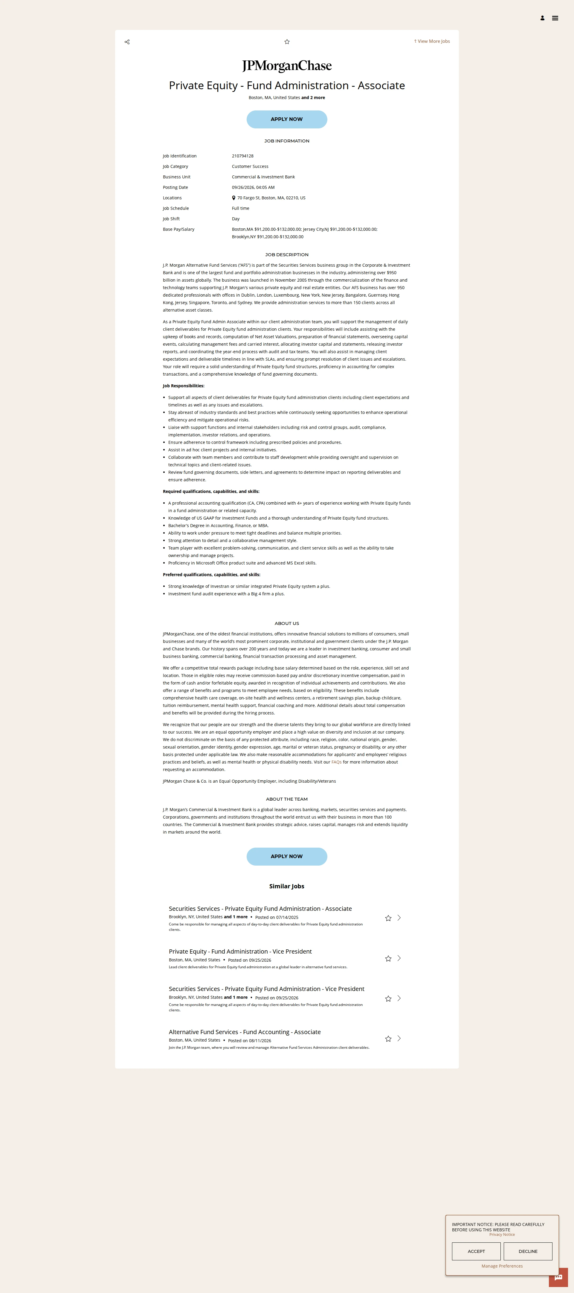 JPMorganChase Private Equity  - Fund Administration - Associate 채용공고