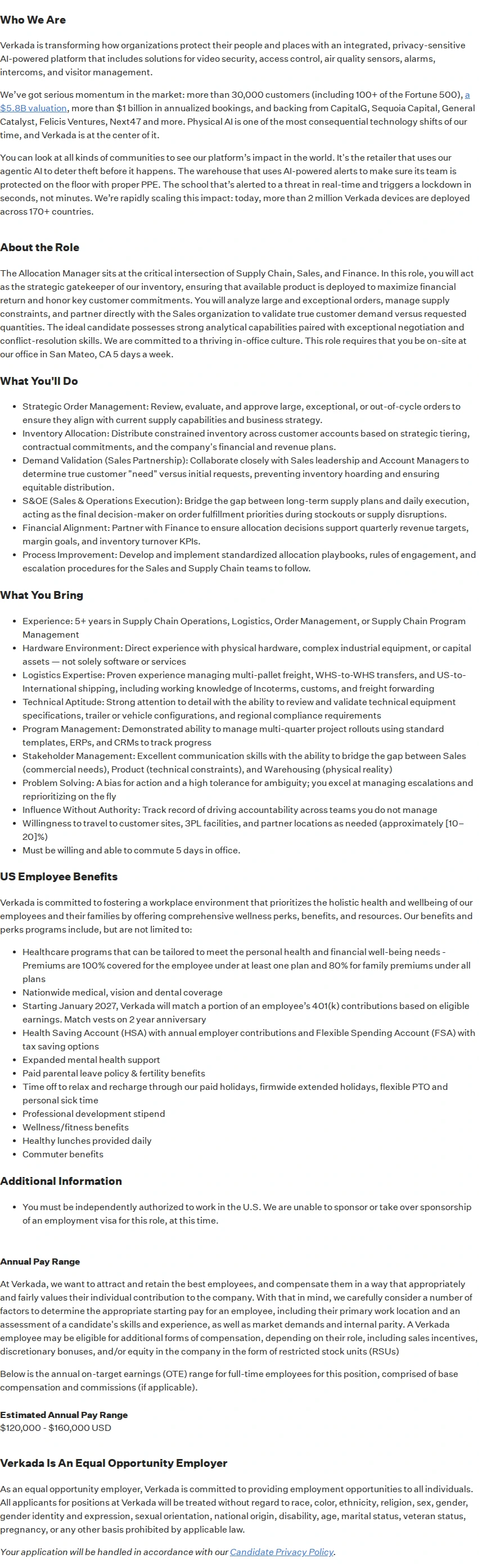 버카다 Global Operations Allocation Manager 채용공고