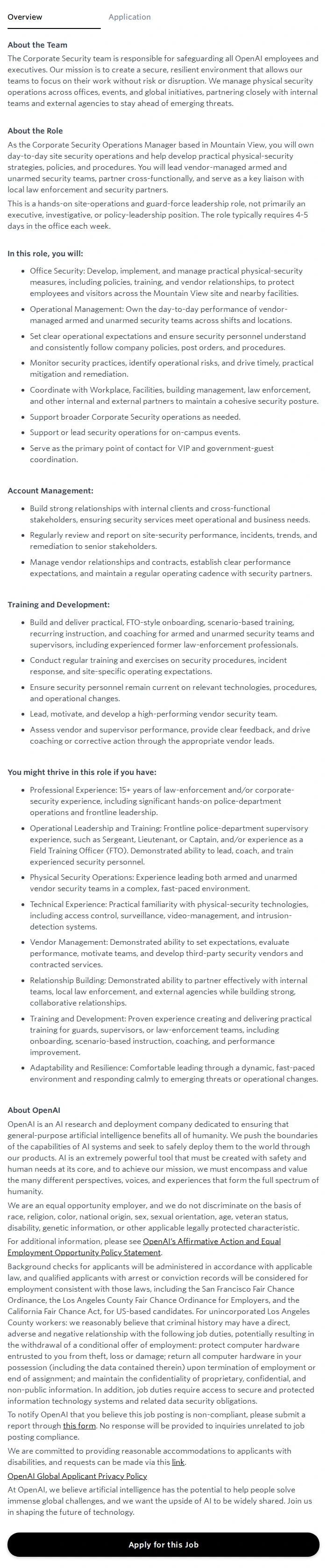 오픈에이아이(OpenAI) Corporate Security Operations Manager, Mountain View 채용공고