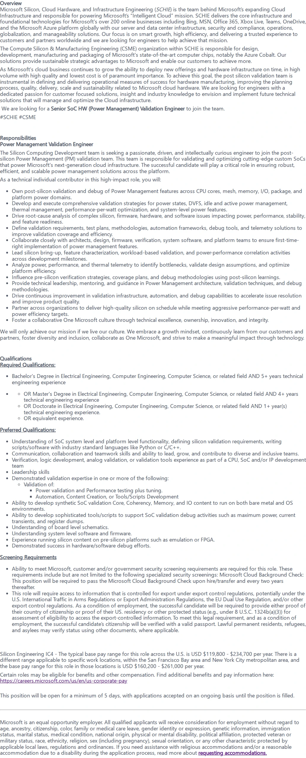 마이크로소프트(Microsoft) Senior SoC HW (Power Management) Validation Engineer 채용공고