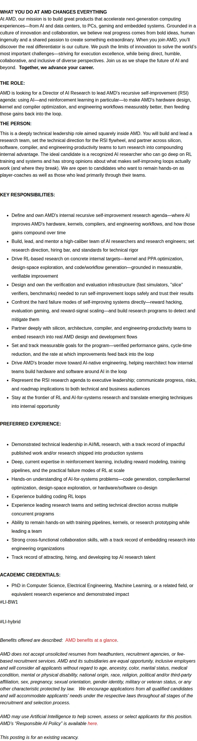 AMD Director, AI Research - Recursive Self-Improvement 채용공고