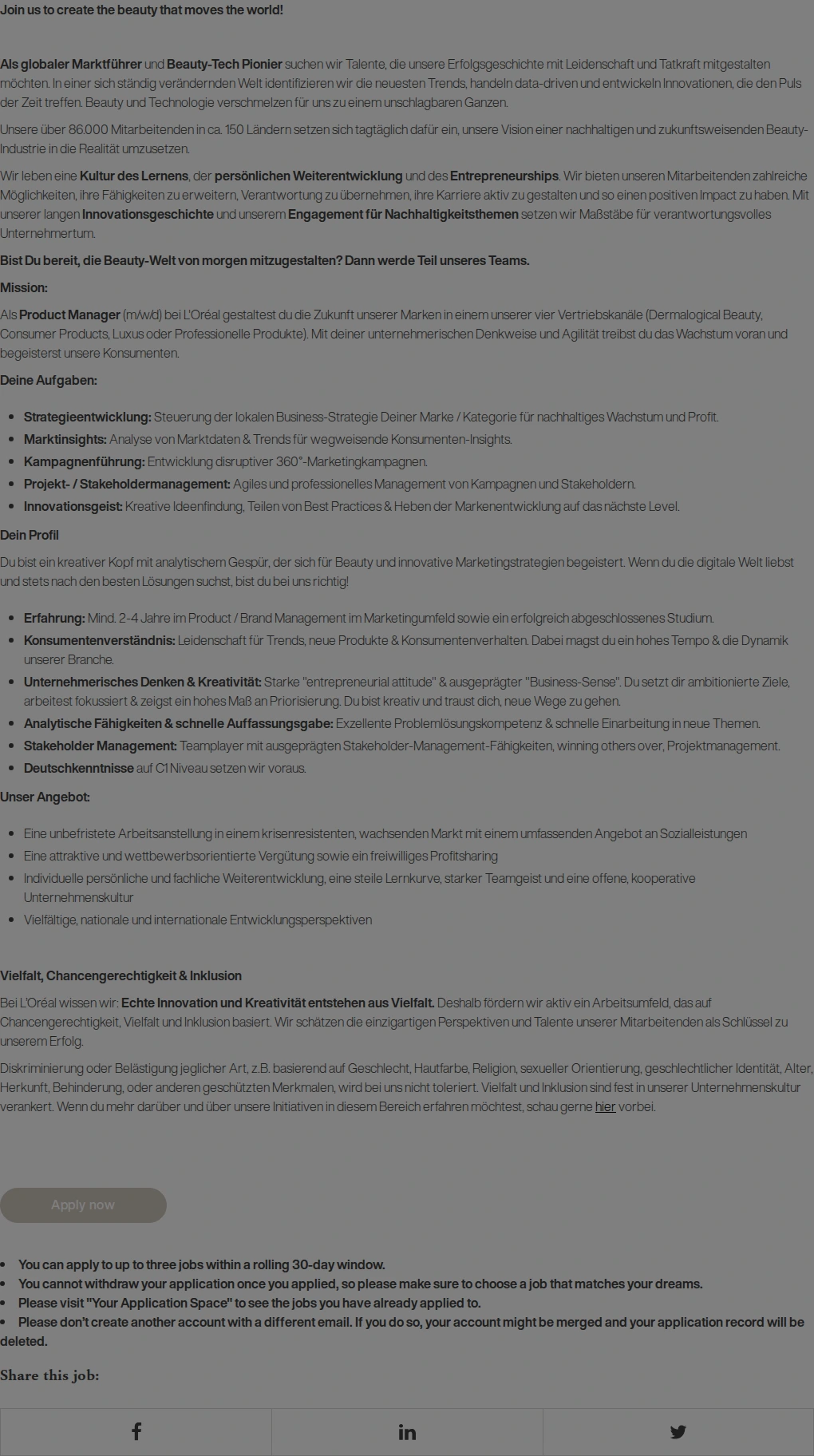 로레알(L'Oreal) Product Manager (m/w/d) 채용공고
