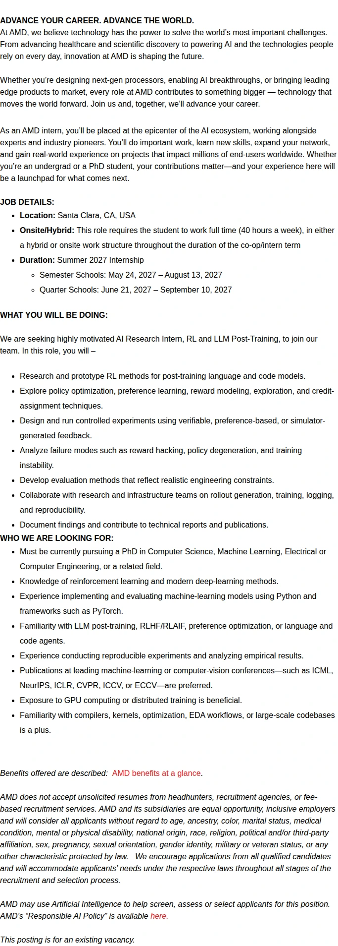 AMD Summer 2027 Master's AI Research, Reinforcement Learning and LLM Post-Training Intern 채용공고
