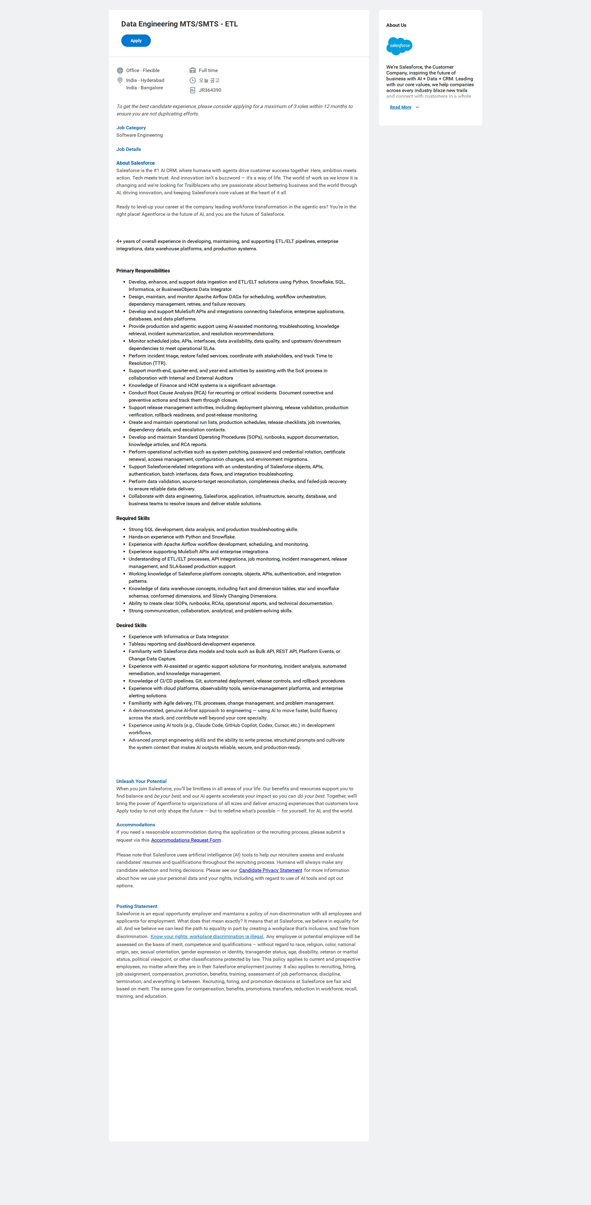 Salesforce Data Engineering MTS/SMTS - ETL 채용공고
