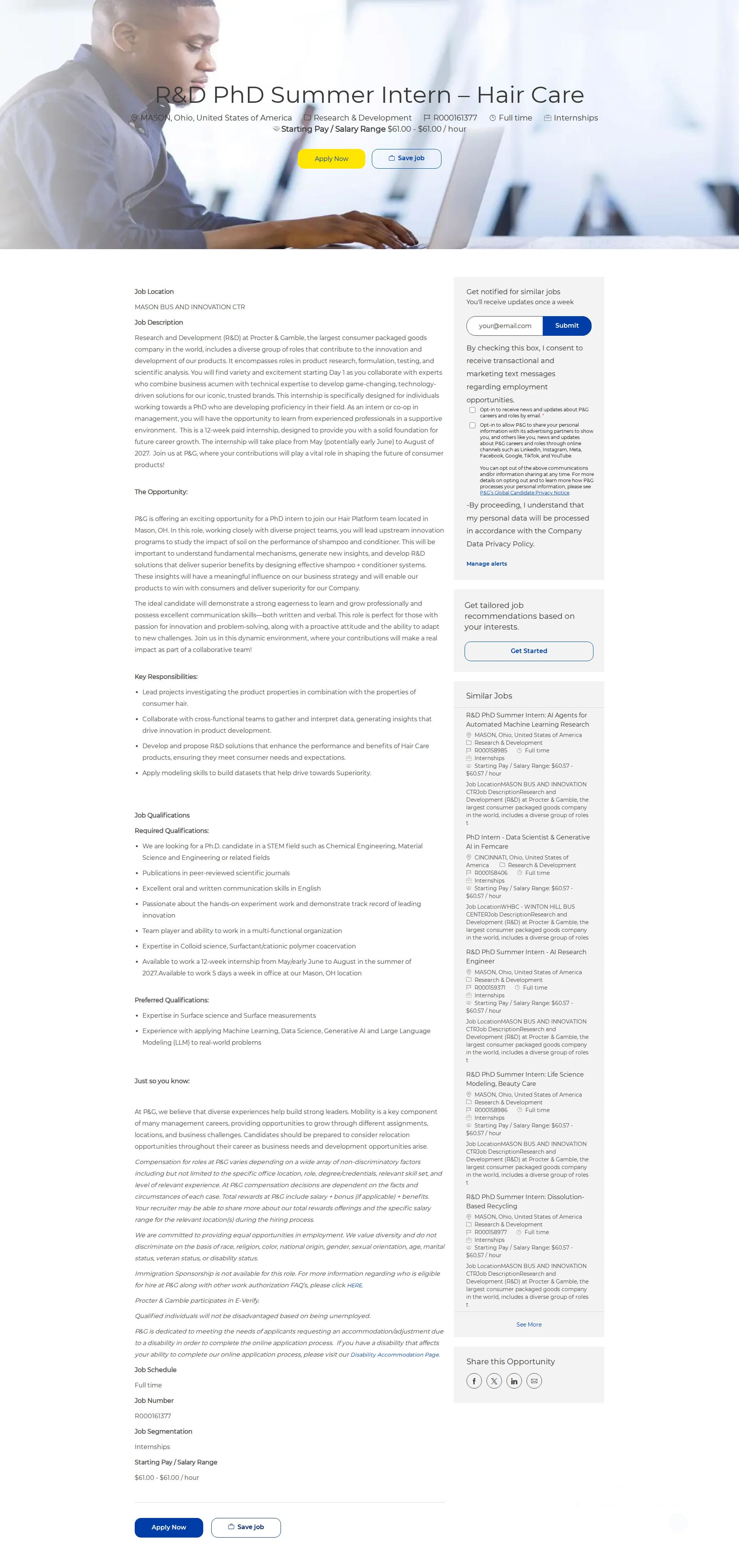 P&G R&D PhD Summer Intern – Hair Care 채용공고