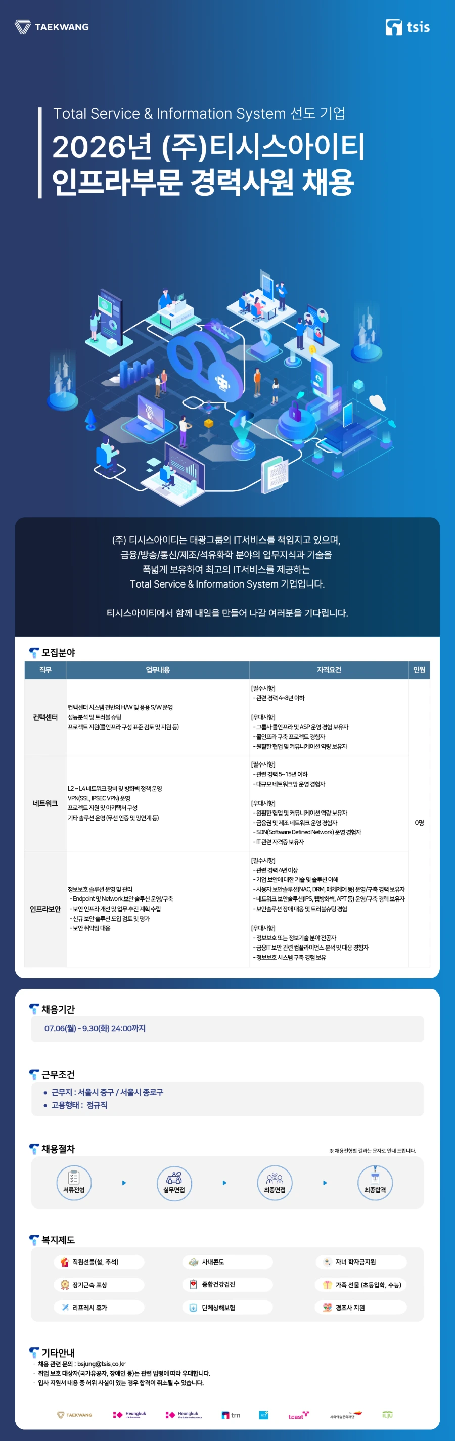 티시스아이티 2026년 (주)티시스아이티 인프라부문 경력사원 모집(~9/30) 채용공고