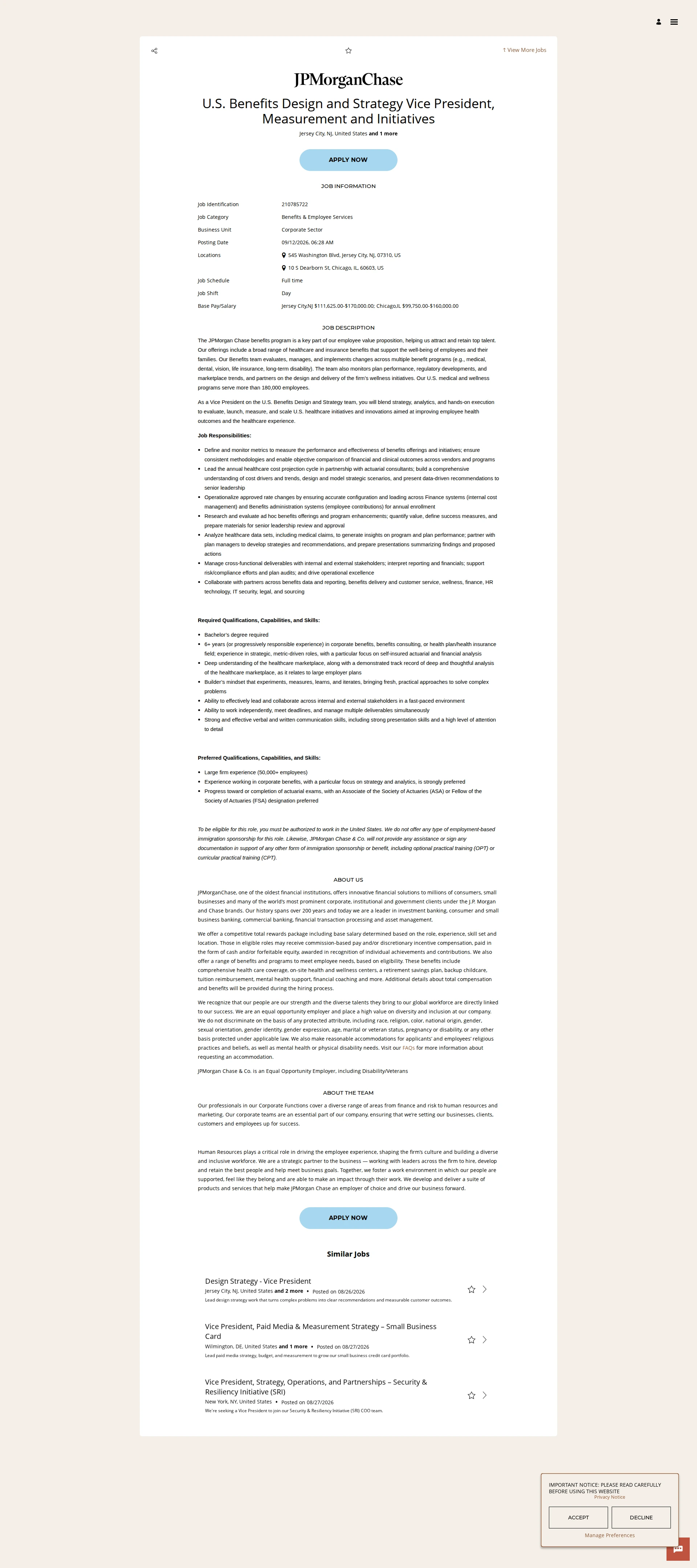 JPMorganChase U.S. Benefits Design and Strategy Vice President, Measurement and Initiatives 채용공고