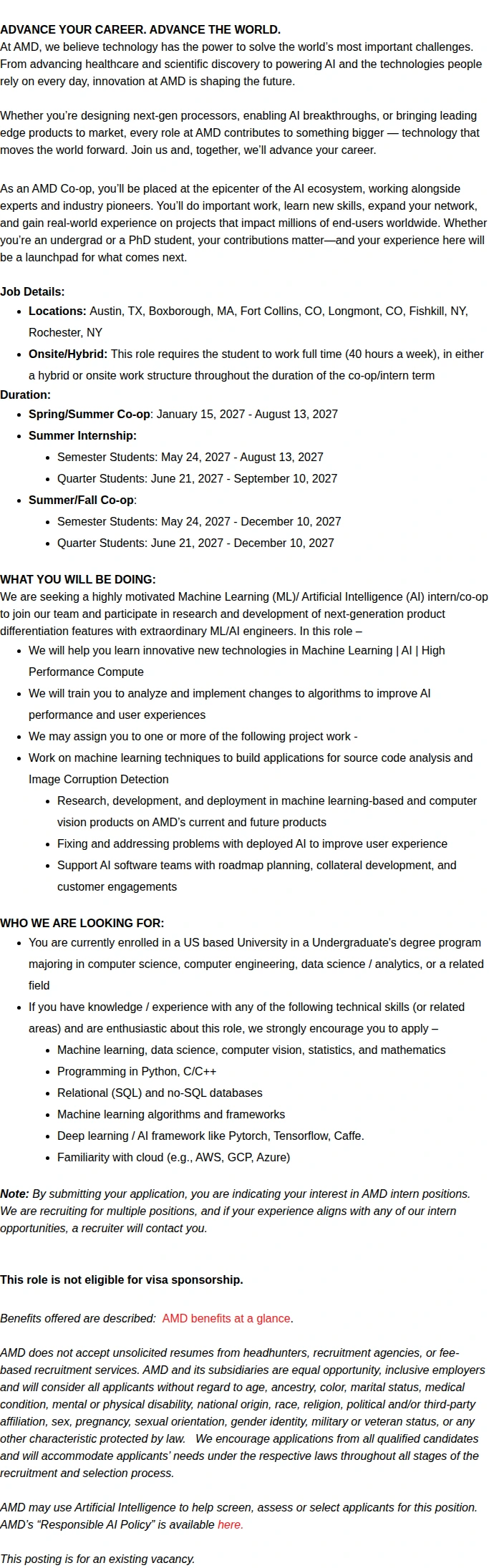 AMD 2027 Undergrad Machine Learning (ML)/ Artificial Intelligence (AI) intern/co-op 채용공고