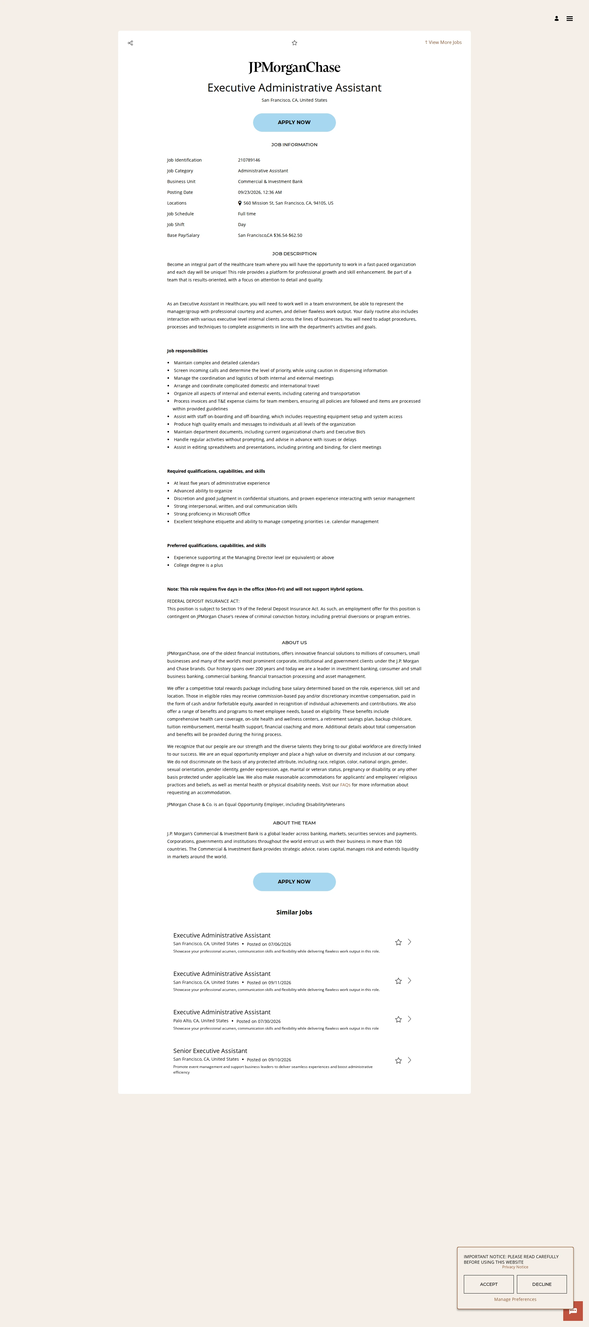 JPMorganChase Executive Administrative Assistant 채용공고