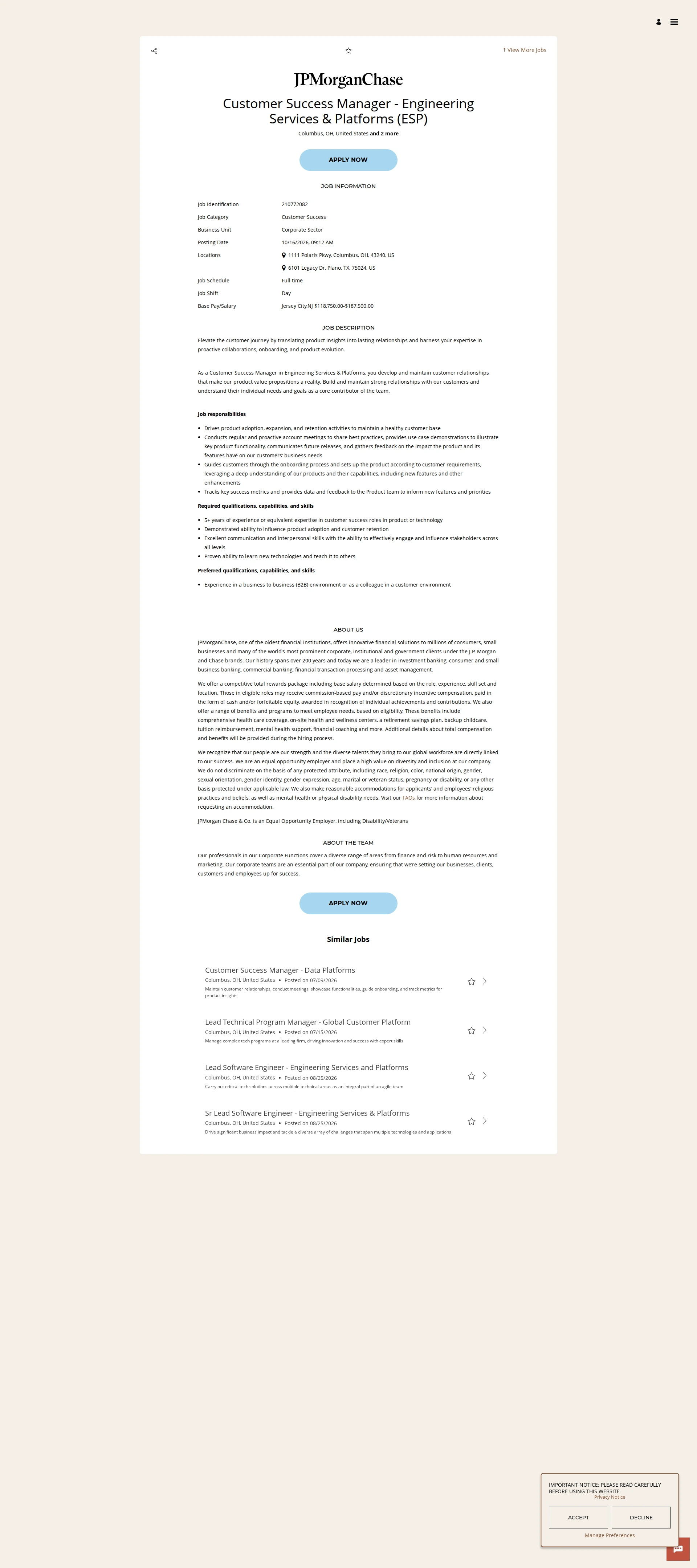JPMorganChase Customer Success Manager - Engineering Services & Platforms (ESP) 채용공고