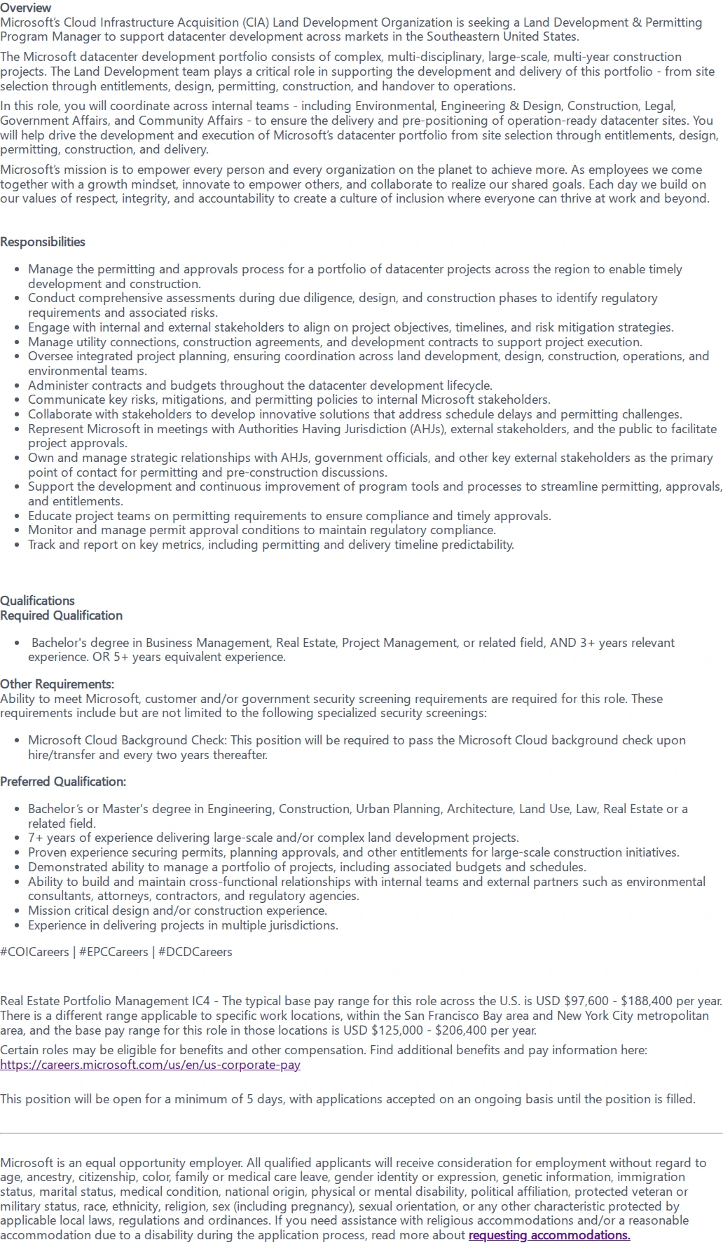 마이크로소프트(Microsoft) Land Development & Permitting Program Manager 채용공고