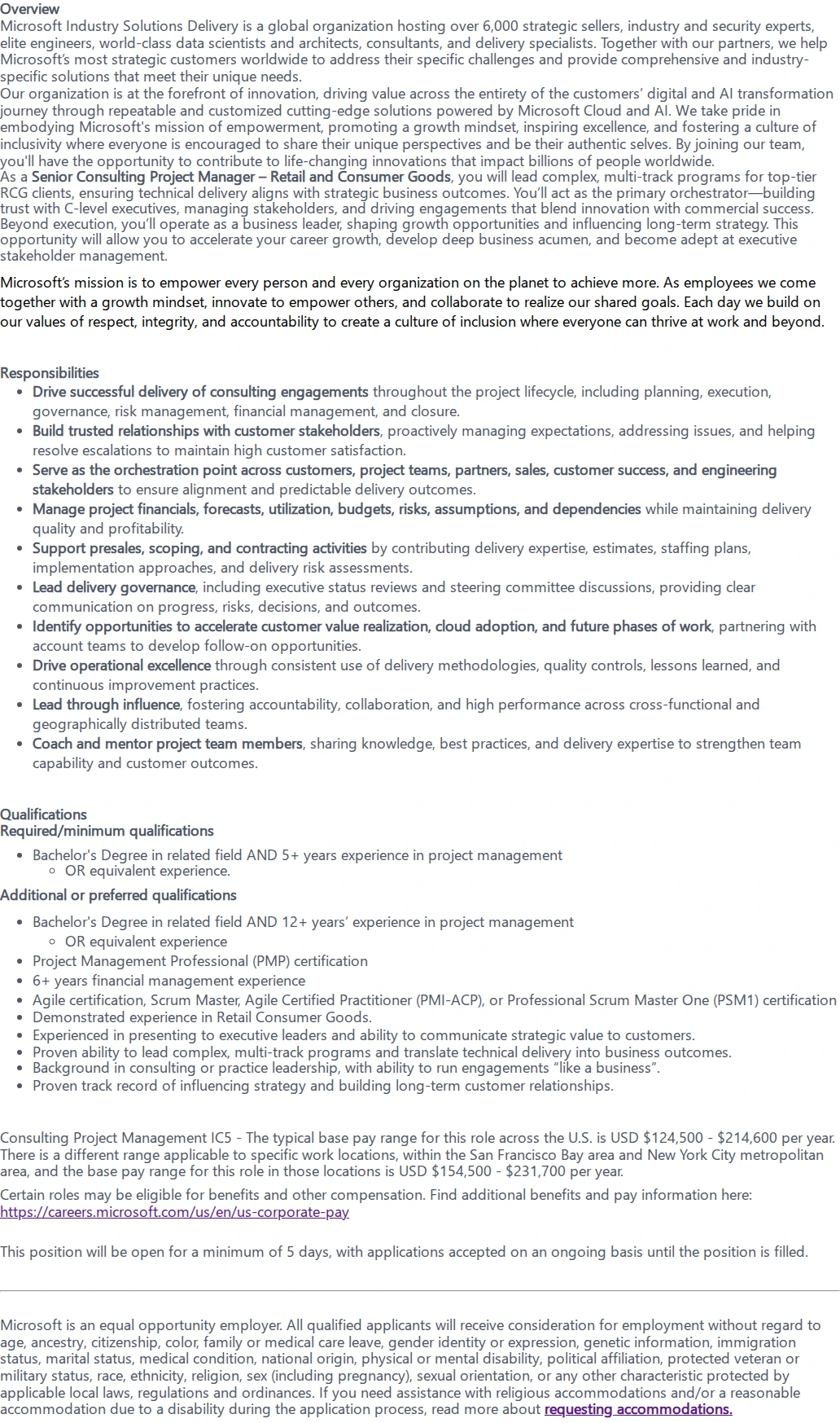 마이크로소프트(Microsoft) Senior Consulting Project Manager - Retail and Consumer Goods 채용공고