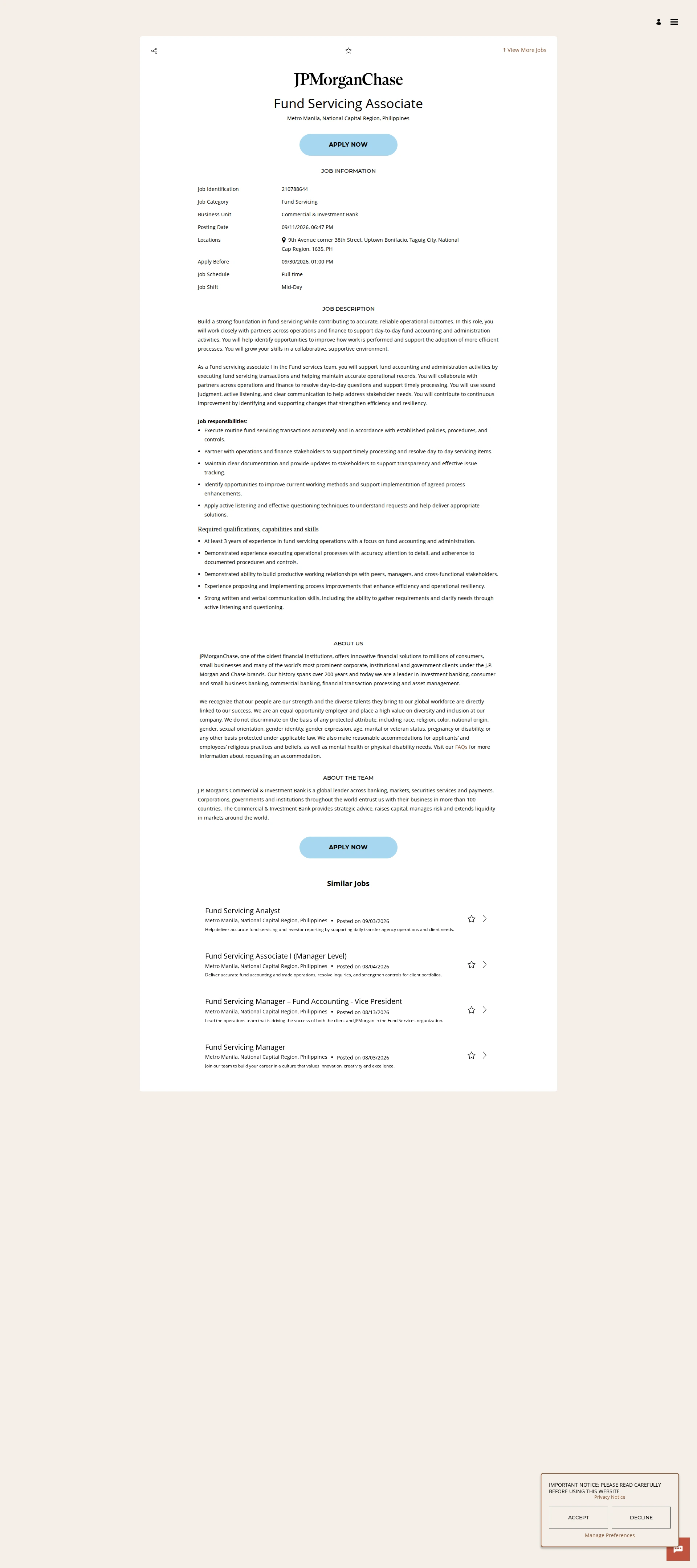 JPMorganChase Fund Servicing Associate 채용공고