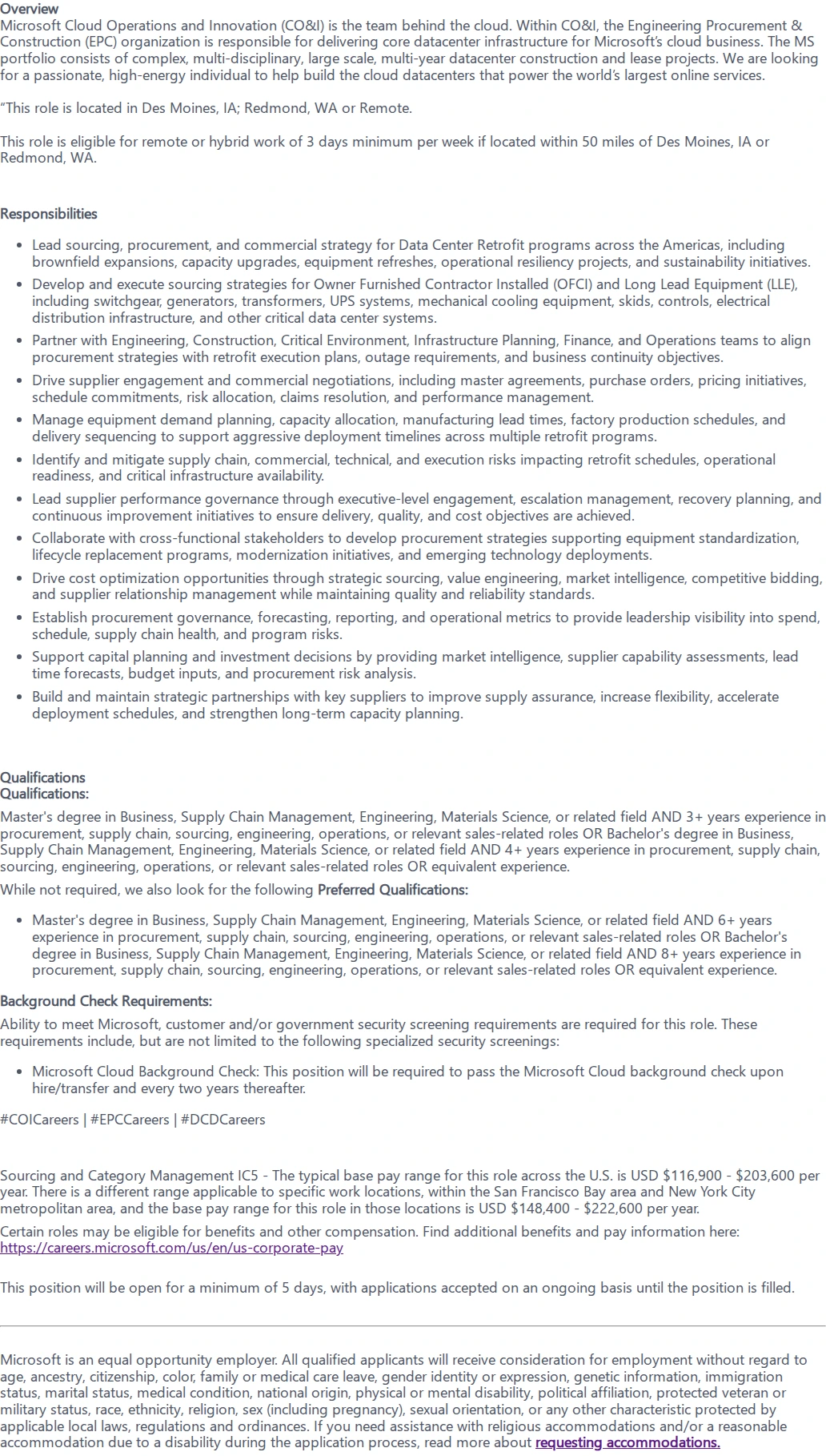 마이크로소프트(Microsoft) Sr. Procurement Manager - Data Center Retrofits 채용공고