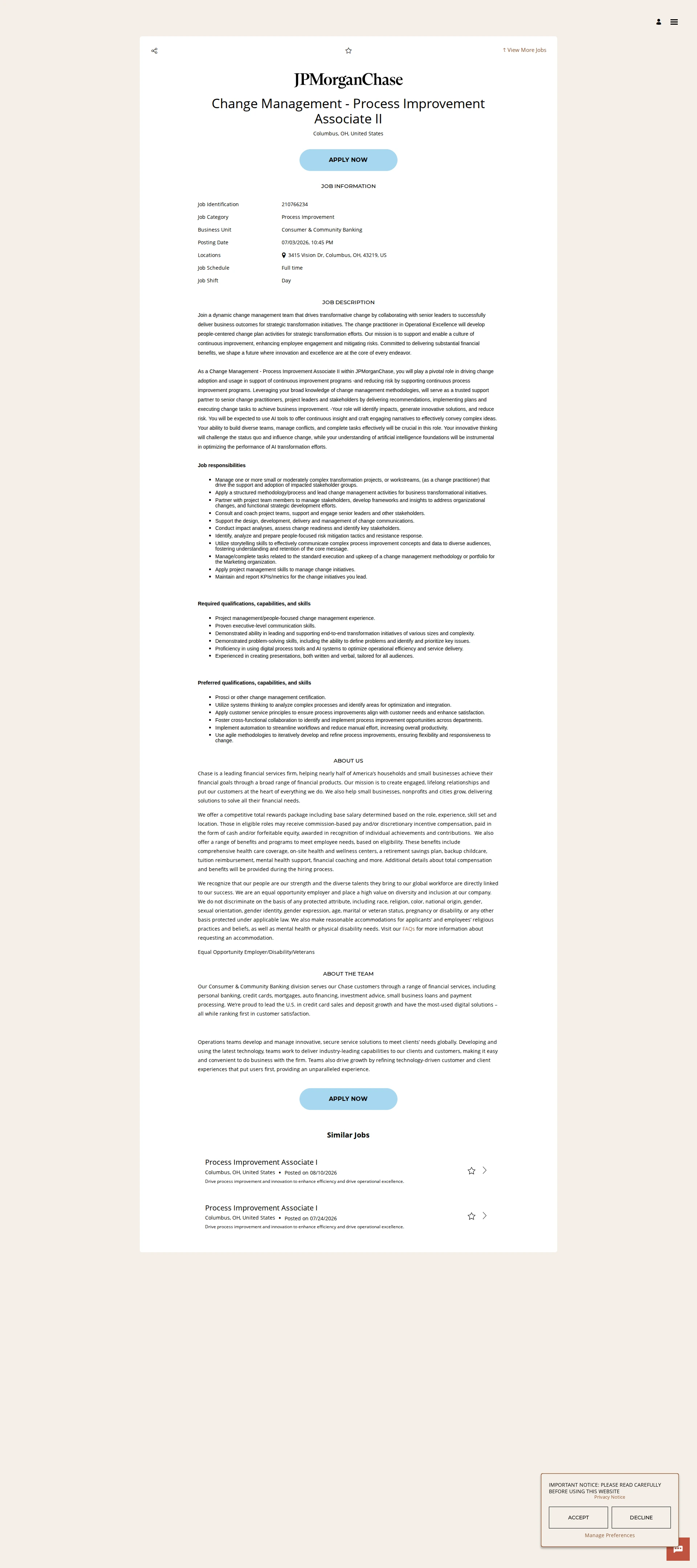 JPMorganChase Change Management - Process Improvement Associate II 채용공고