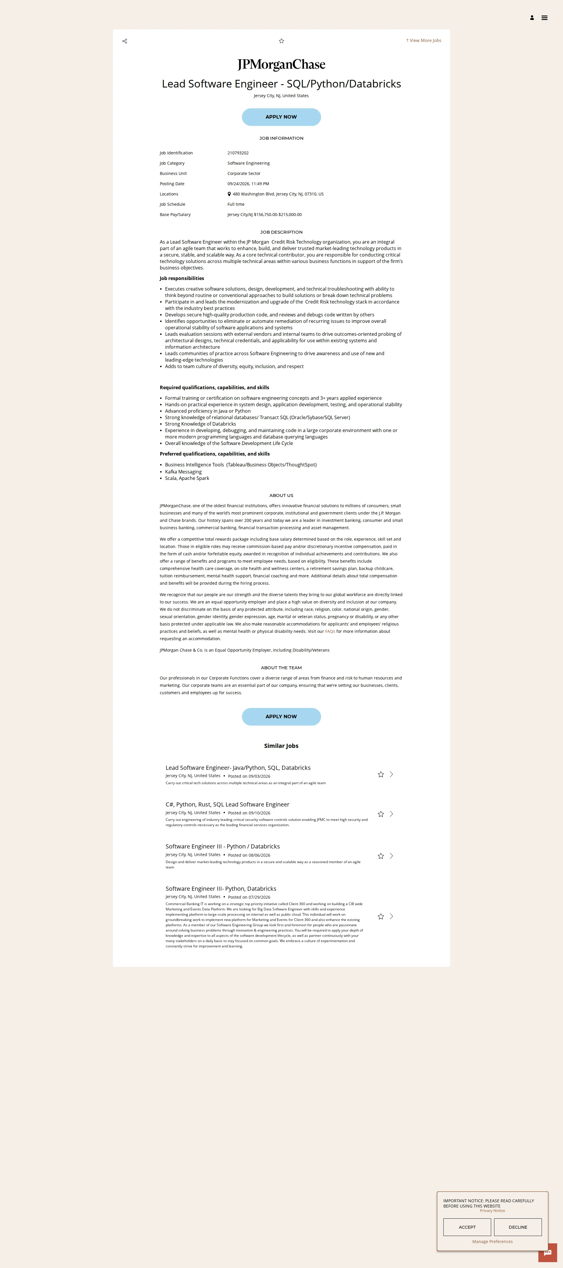 JPMorganChase Lead Software Engineer - SQL/Python/Databricks 채용공고
