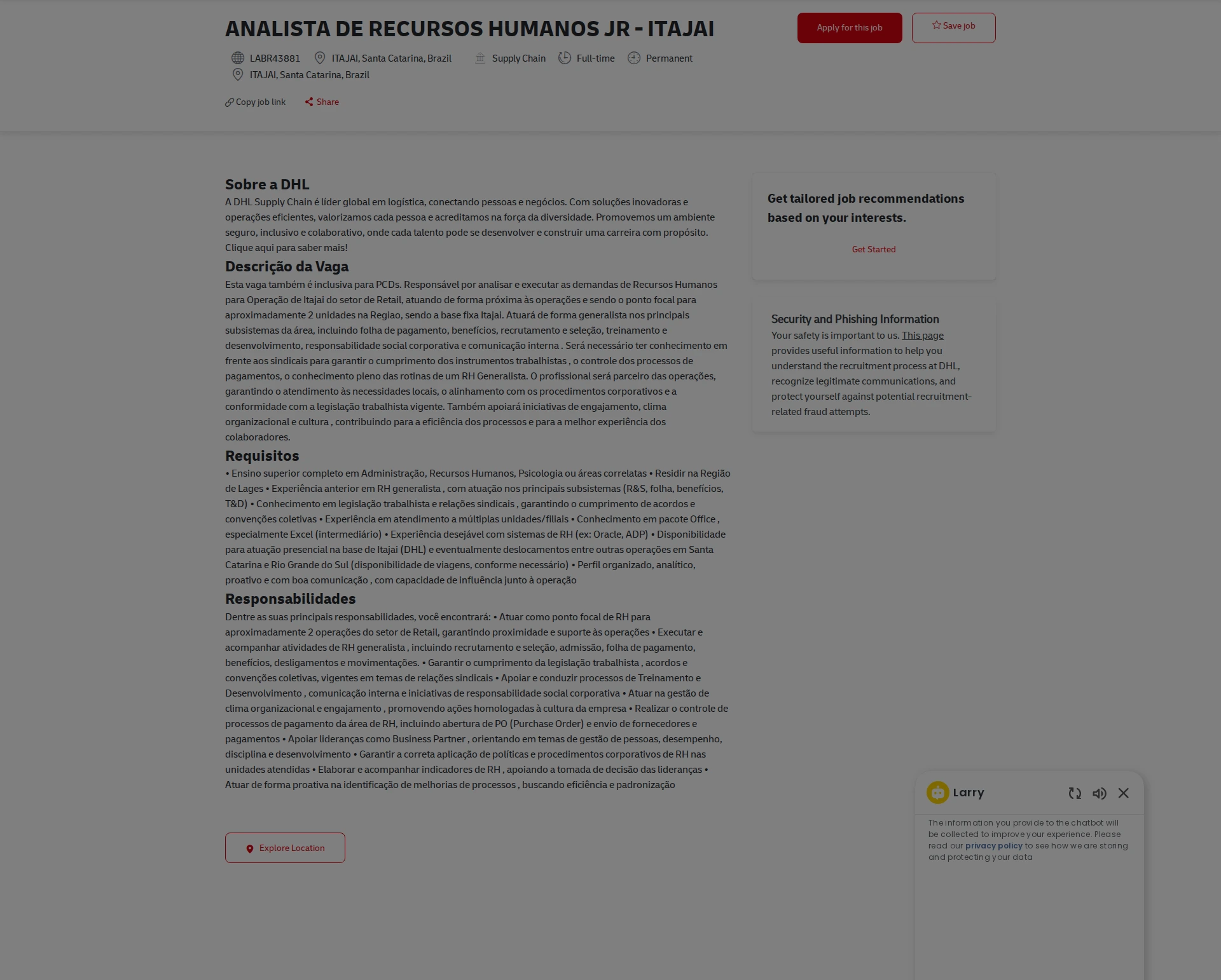 DHL ANALISTA DE RECURSOS HUMANOS JR - ITAJAI 채용공고