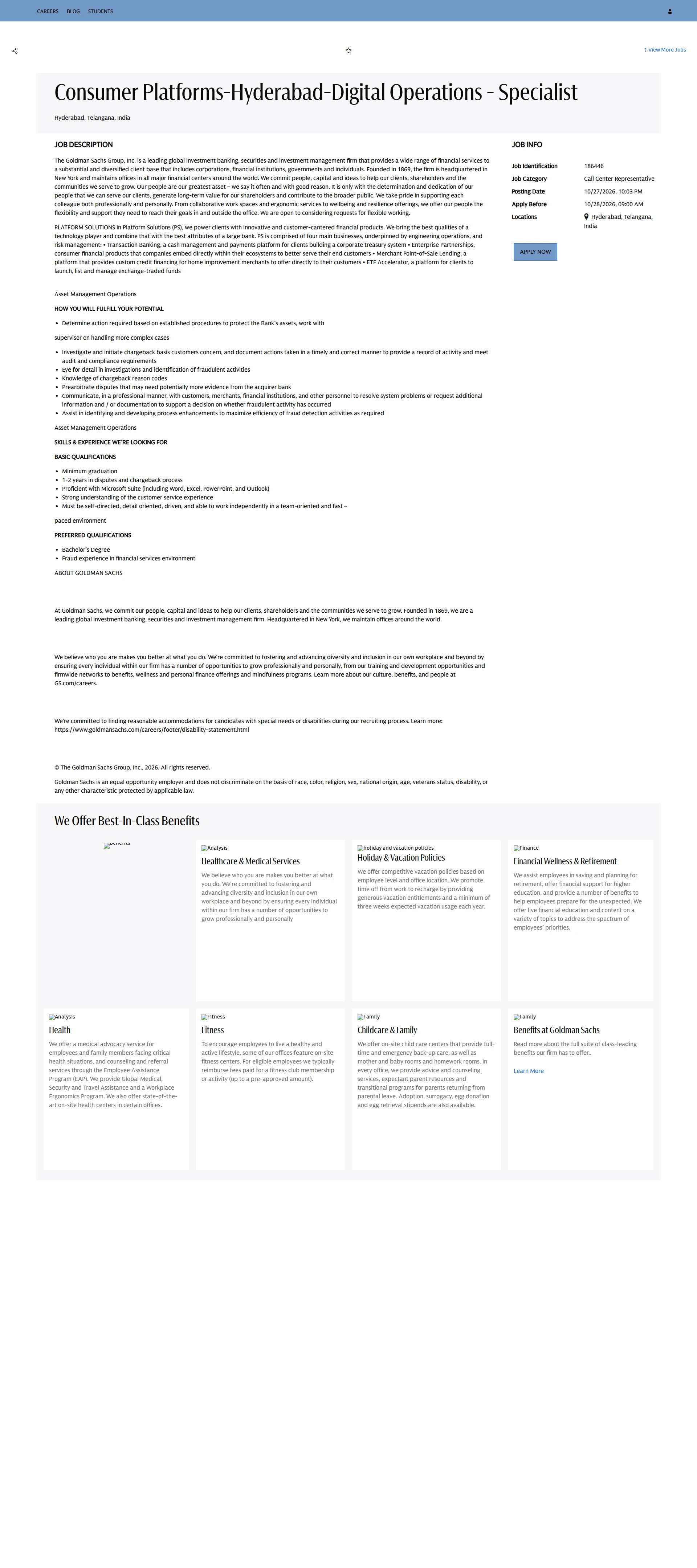 골드만삭스 Consumer Platforms-Hyderabad-Digital Operations - Specialist 채용공고
