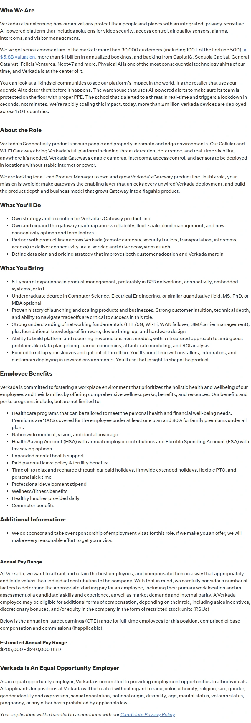 버카다 Lead Product Manager, Connectivity / Gateways 채용공고