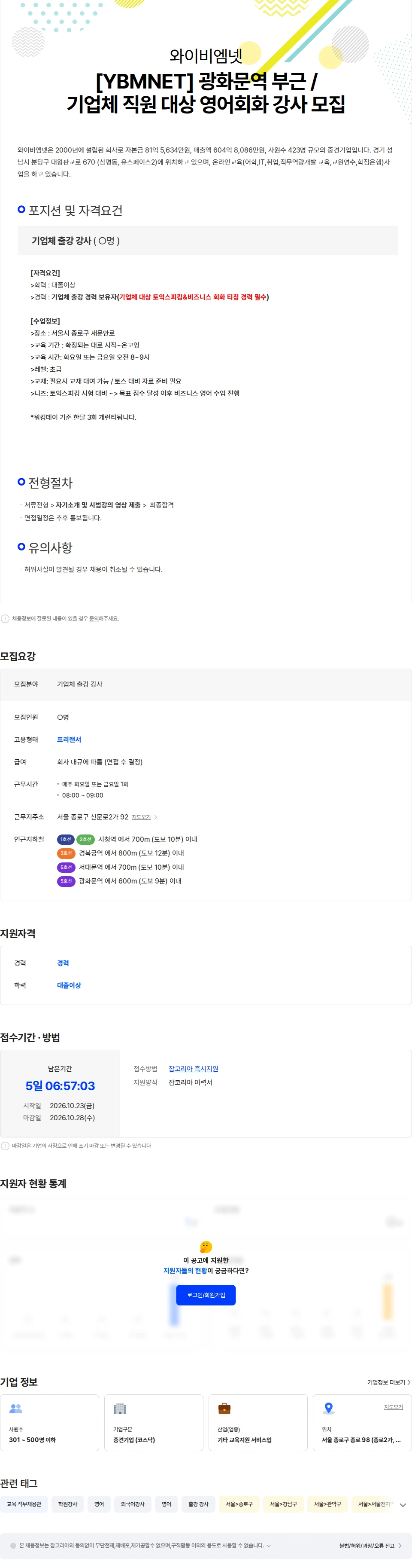 와이비엠넷 [YBMNET] 광화문역 부근 / 기업체 직원 대상 영어 회화 강사 모집 채용공고