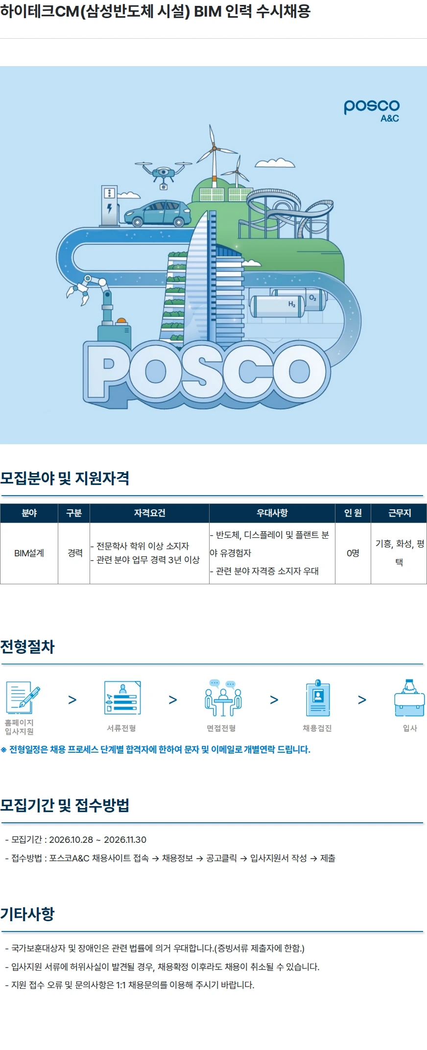 포스코A&C 하이테크CM(삼성반도체 시설) BIM 인력 수시채용 채용공고