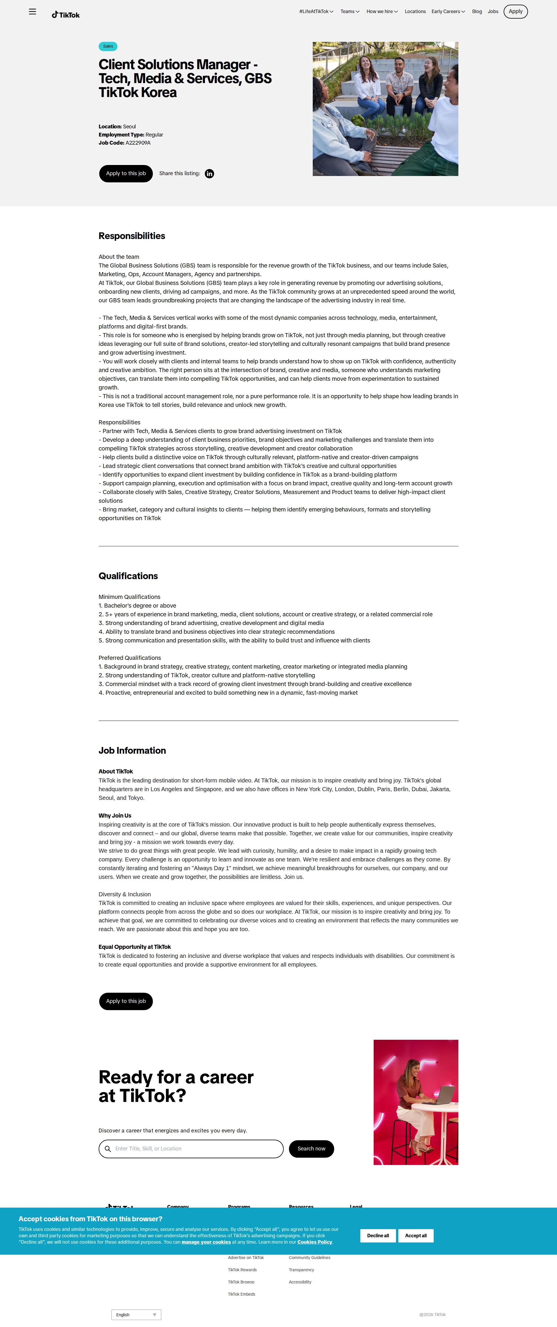 틱톡 Client Solutions Manager - Tech, Media & Services, GBS TikTok Korea 채용공고