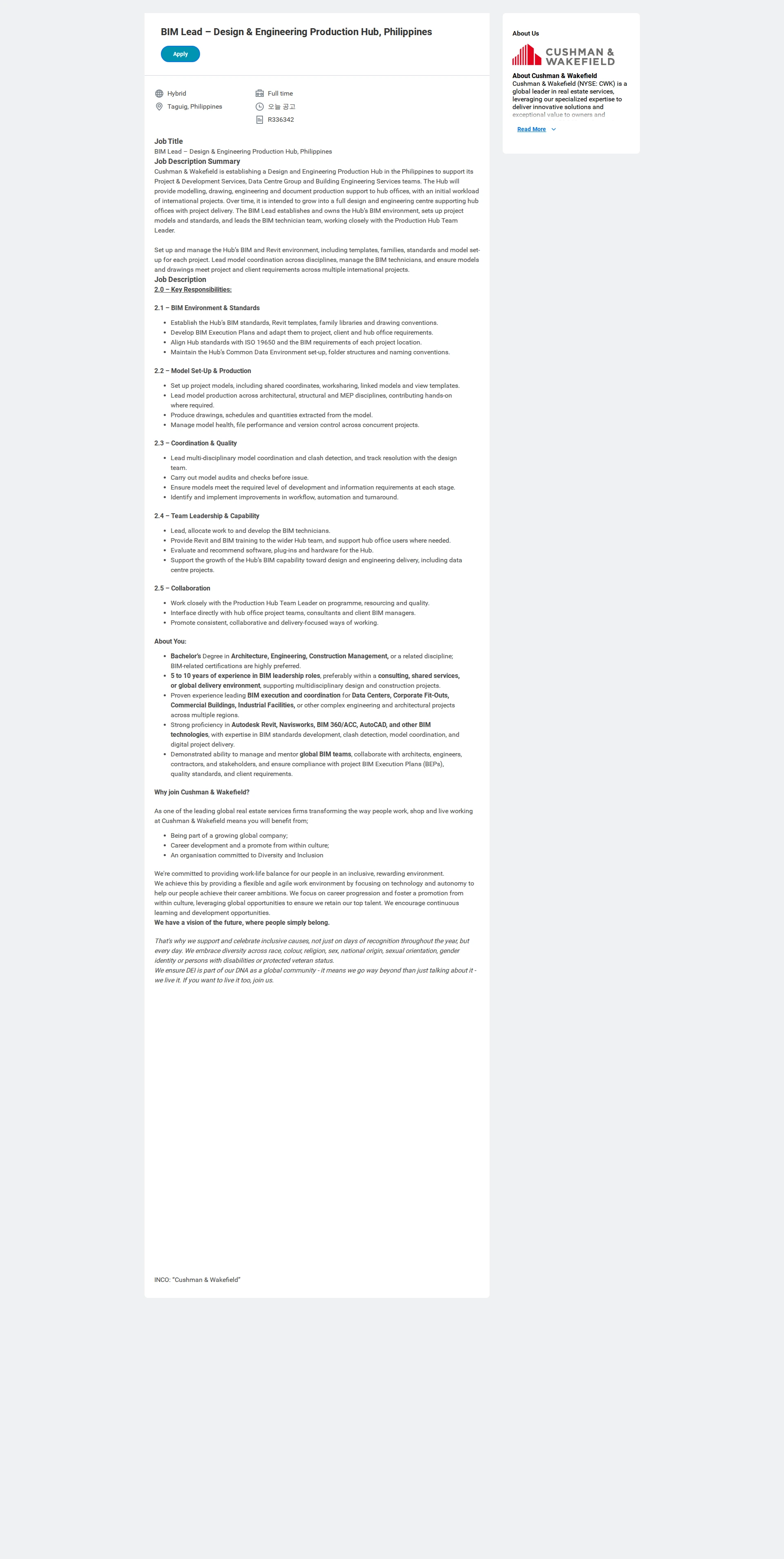 쿠시먼앤드웨이크필드 BIM Lead – Design & Engineering Production Hub, Philippines 채용공고
