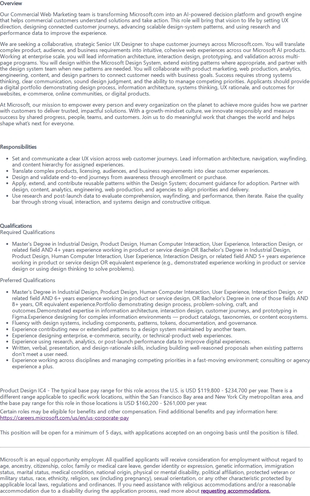 마이크로소프트(Microsoft) Senior UX Designer- Commercial Web Marketing 채용공고