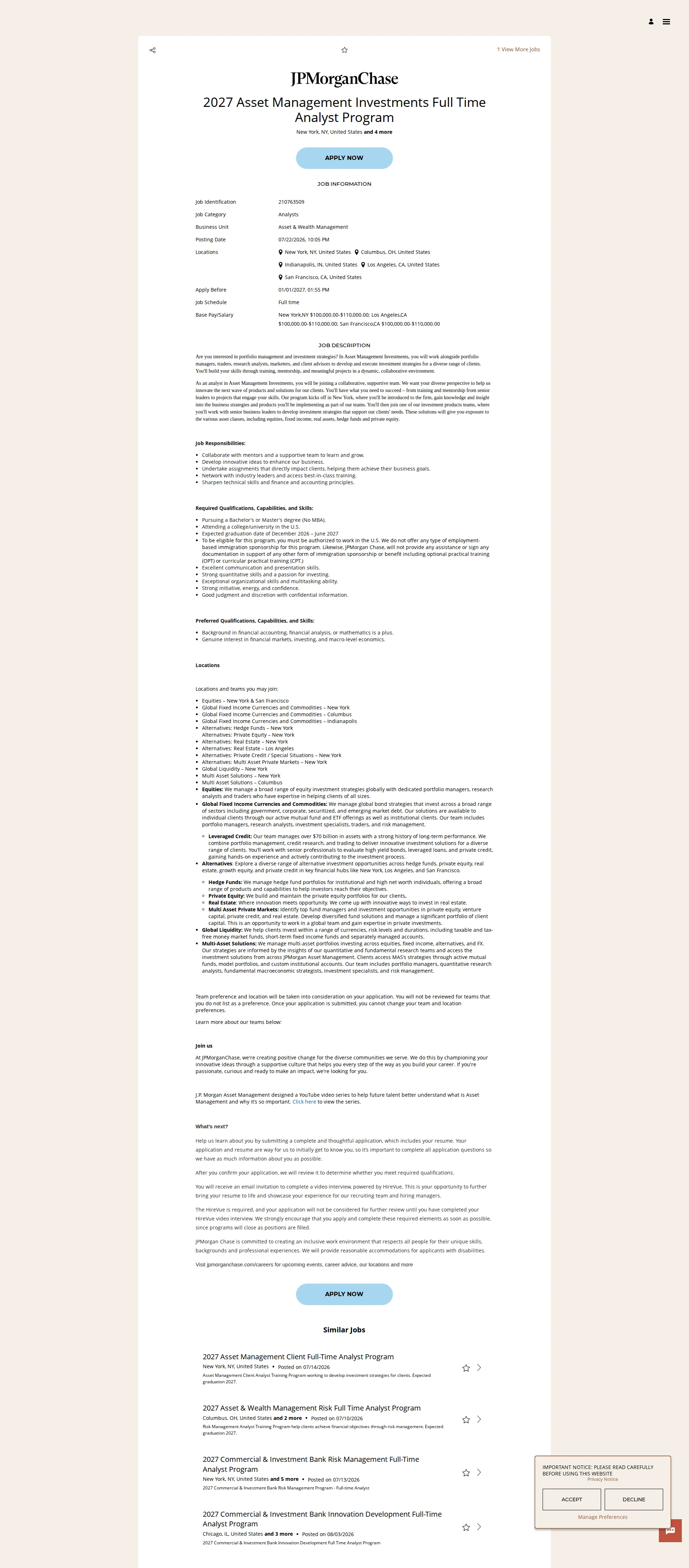 JPMorganChase 2027 Asset Management Investments Full Time Analyst Program 채용공고