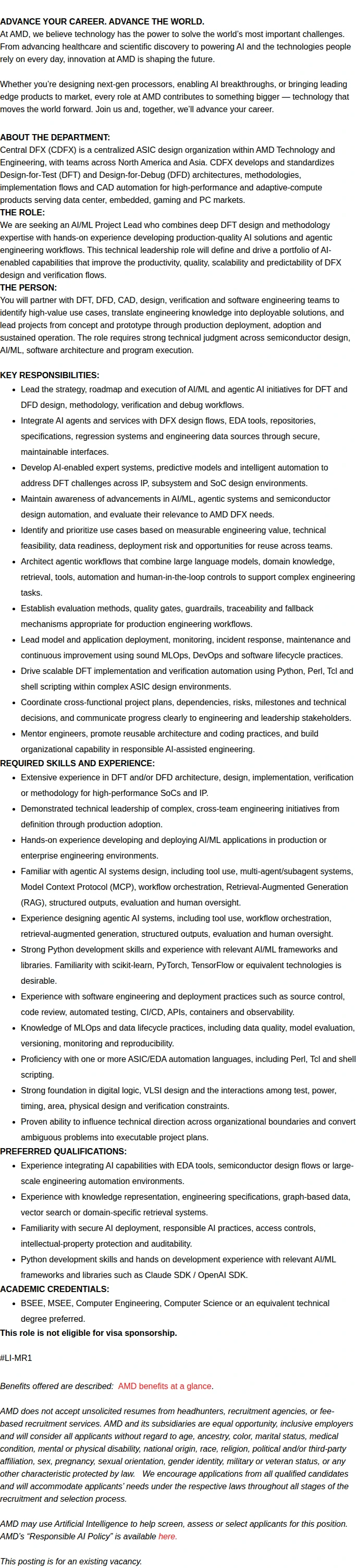 AMD AI / ML DFT Project Lead 채용공고