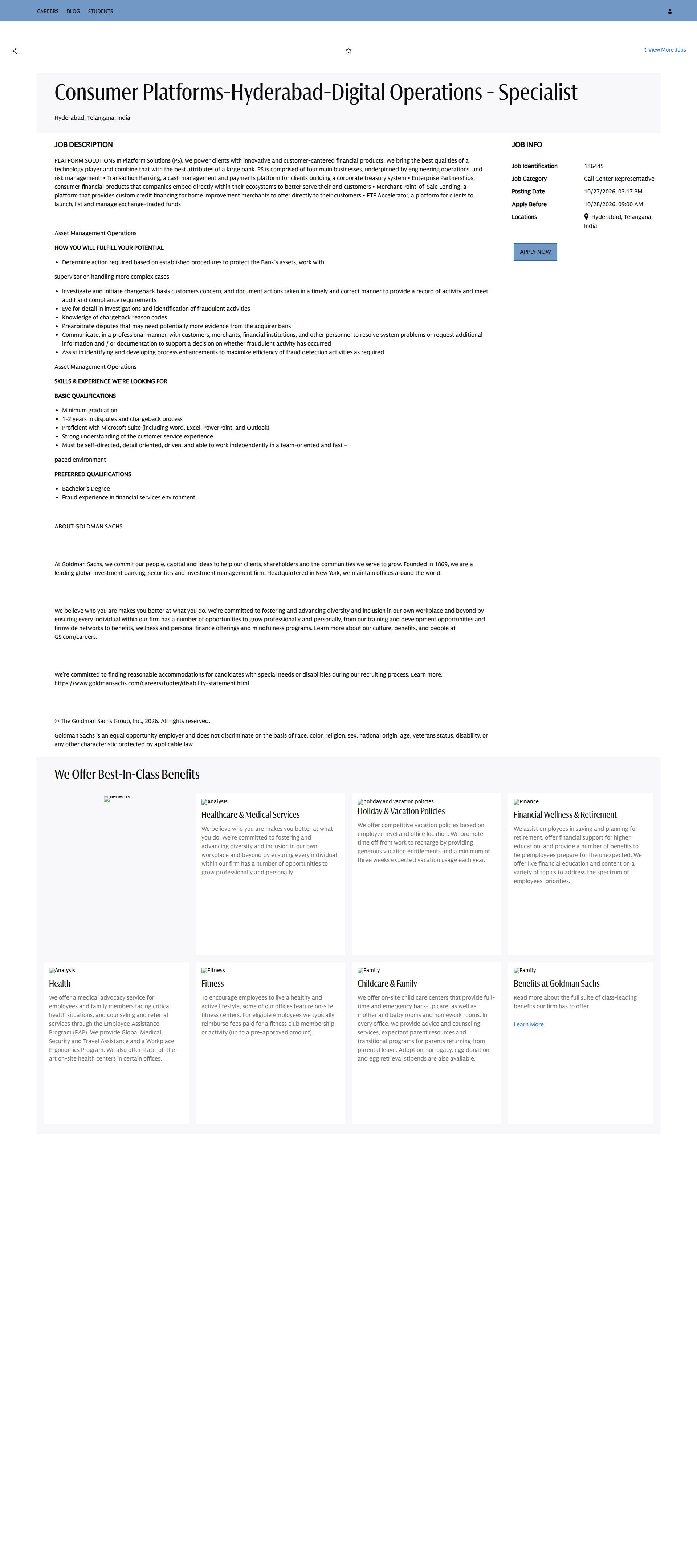 골드만삭스 Consumer Platforms-Hyderabad-Digital Operations - Specialist 채용공고