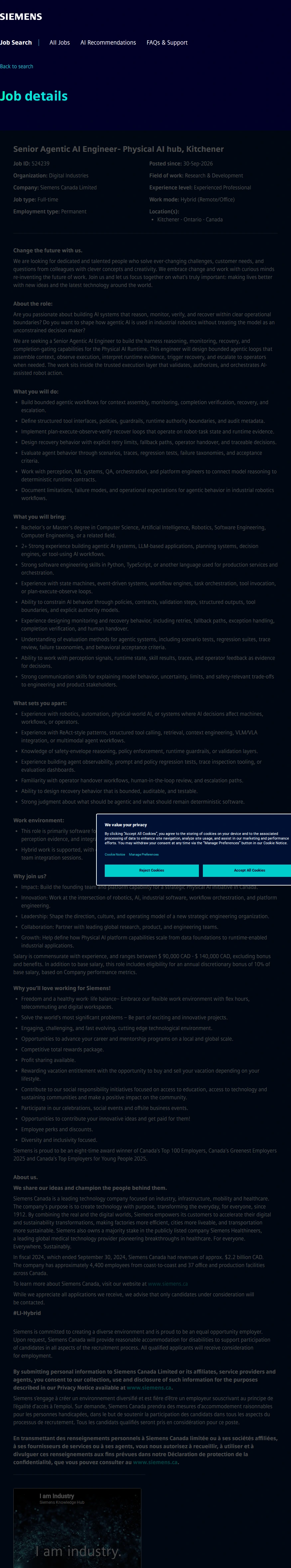 지멘스 Senior Agentic AI Engineer- Physical AI hub, Kitchener 채용공고
