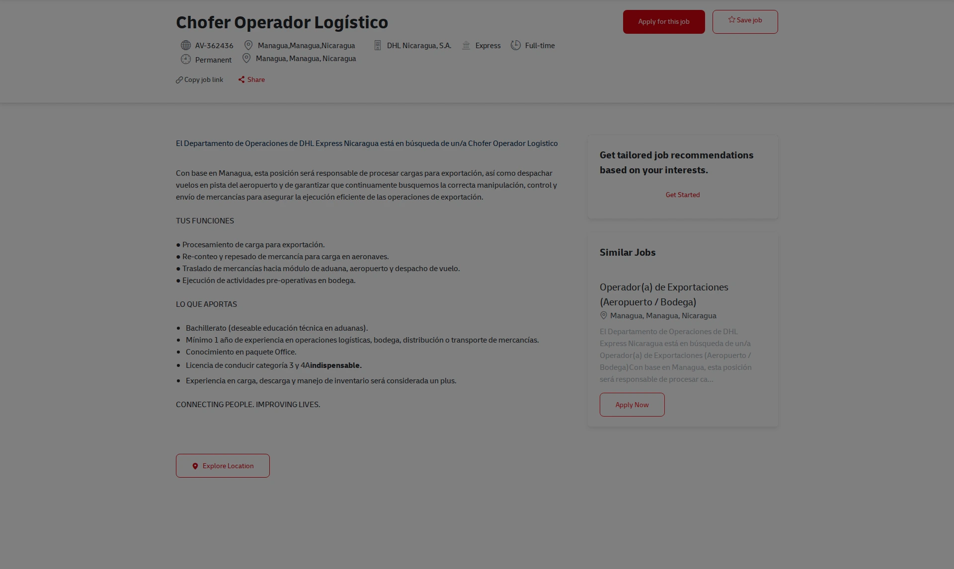 DHL Chofer Operador Logístico 채용공고