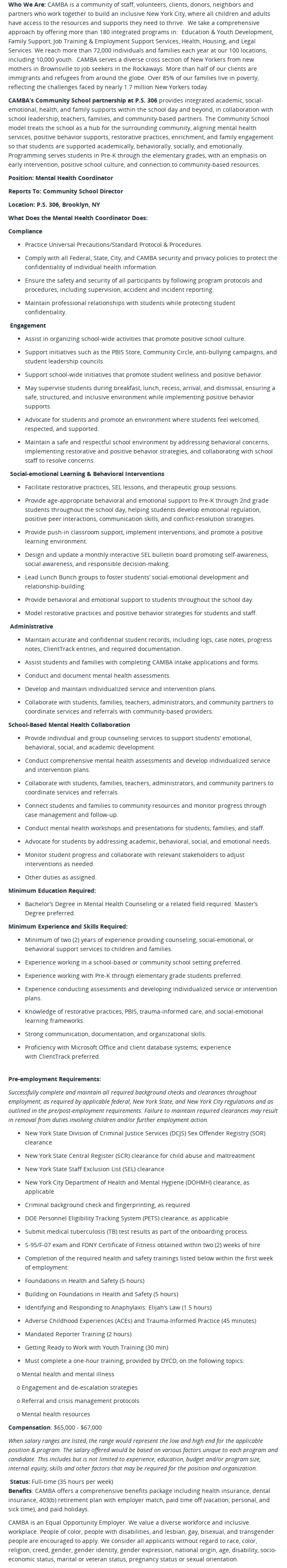 CAMBA Mental Health Coordinator, Community School - P.S. 306 채용공고