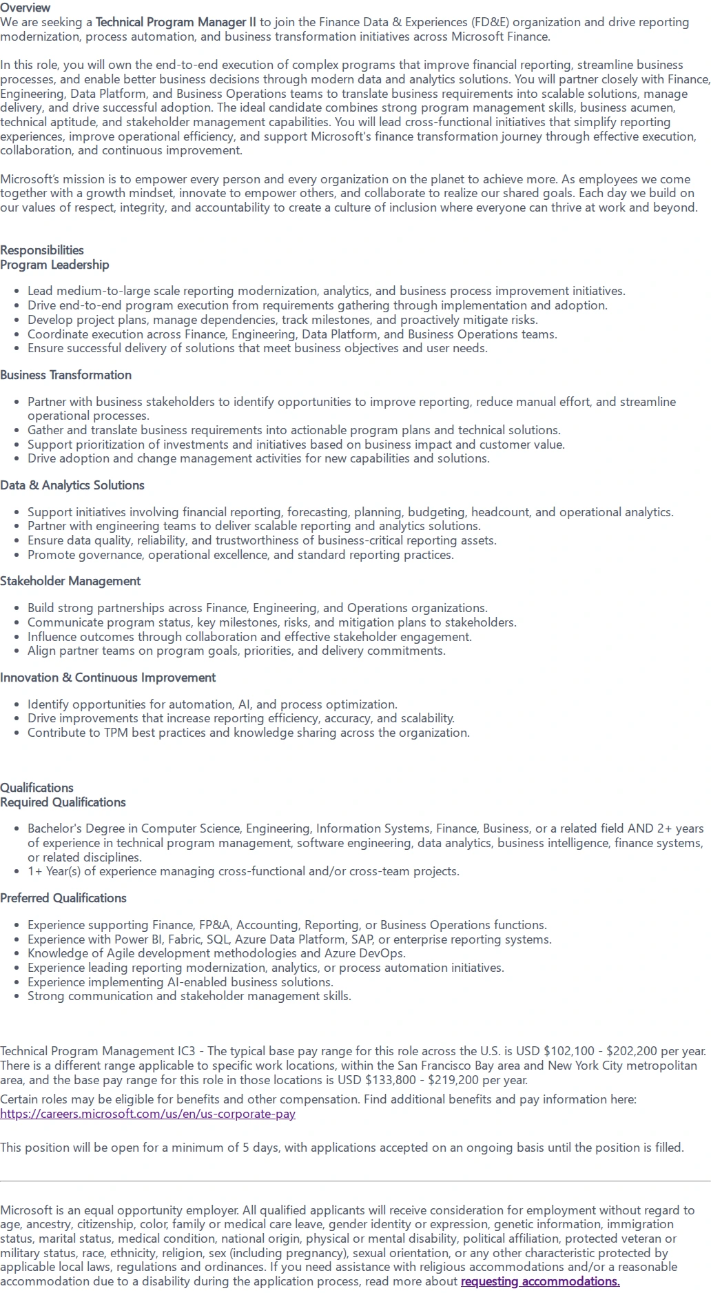 마이크로소프트(Microsoft) Technical Program Management IC3 채용공고