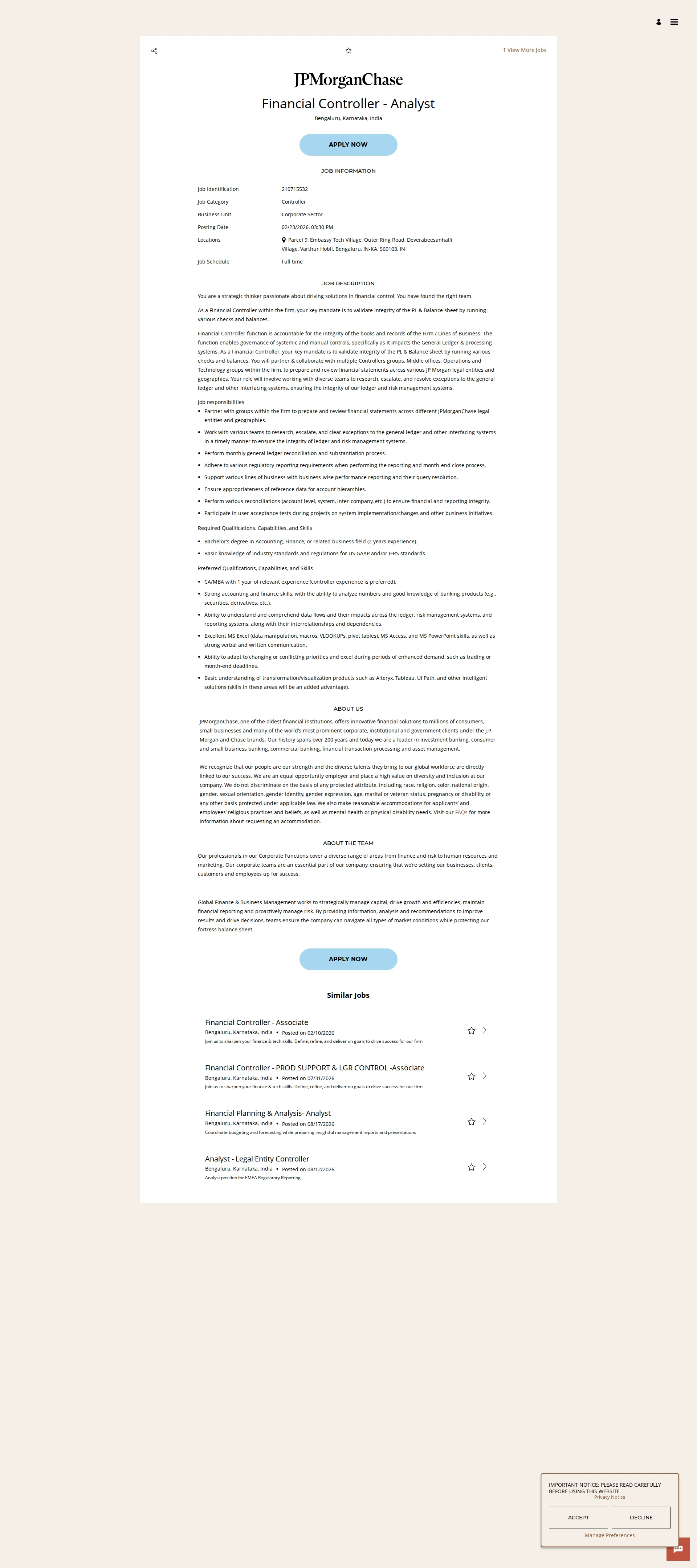 JPMorganChase Financial Controller - Analyst 채용공고