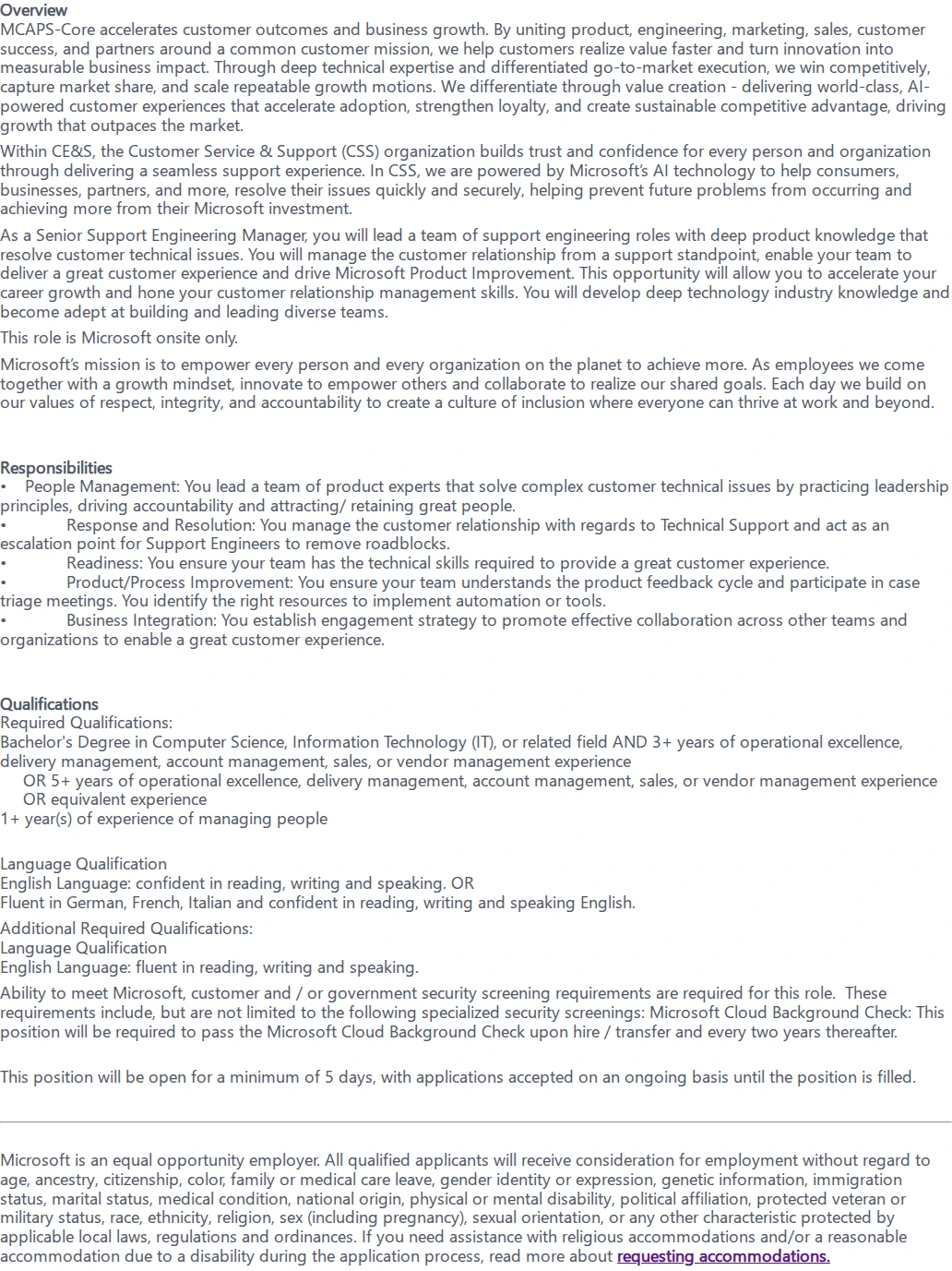 마이크로소프트(Microsoft) Technical Support Engineering Manager 채용공고