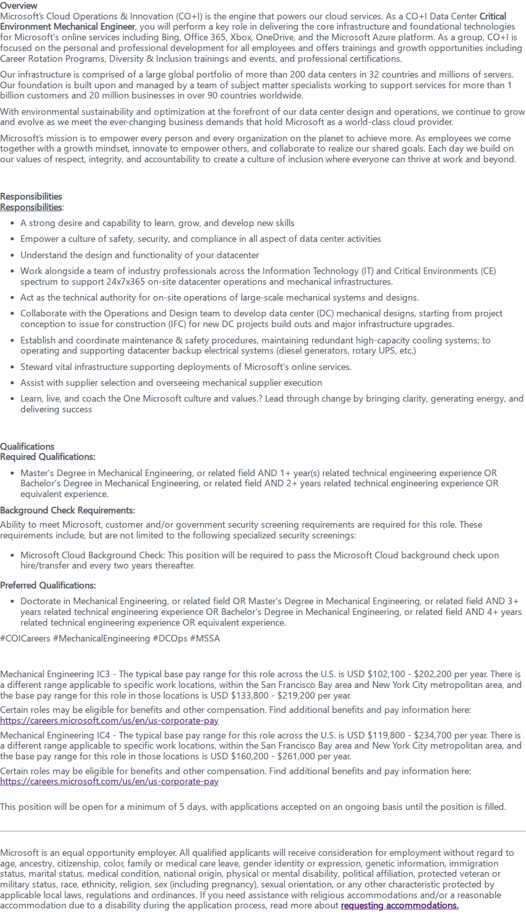 마이크로소프트(Microsoft) Critical Environment Mechanical Engineer 채용공고