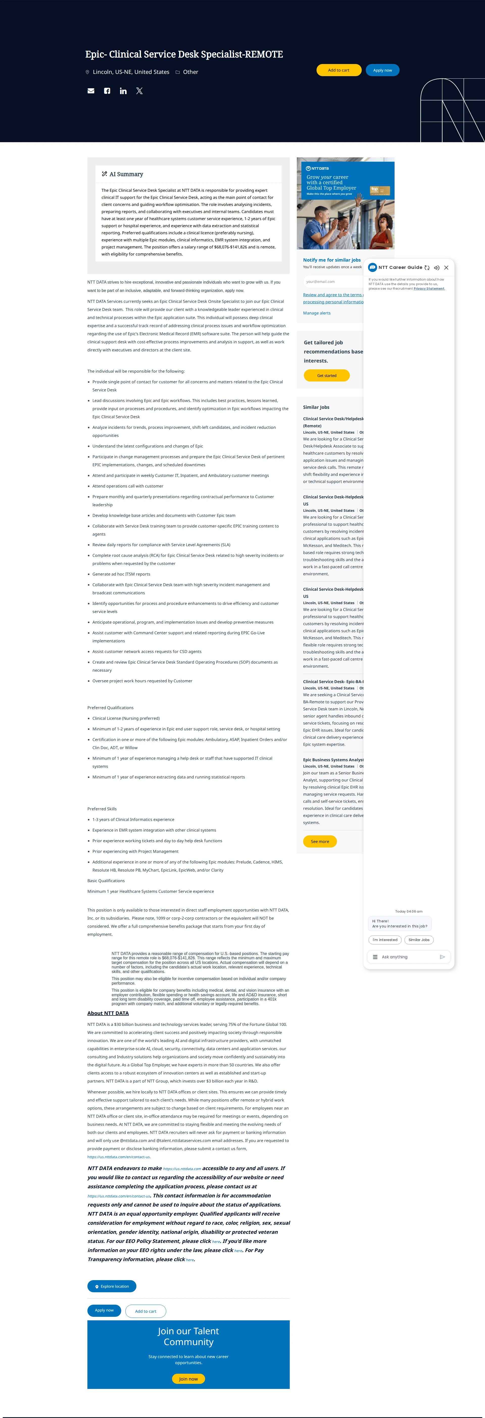 NTT데이터 Epic- Clinical Service Desk Specialist-REMOTE 채용공고
