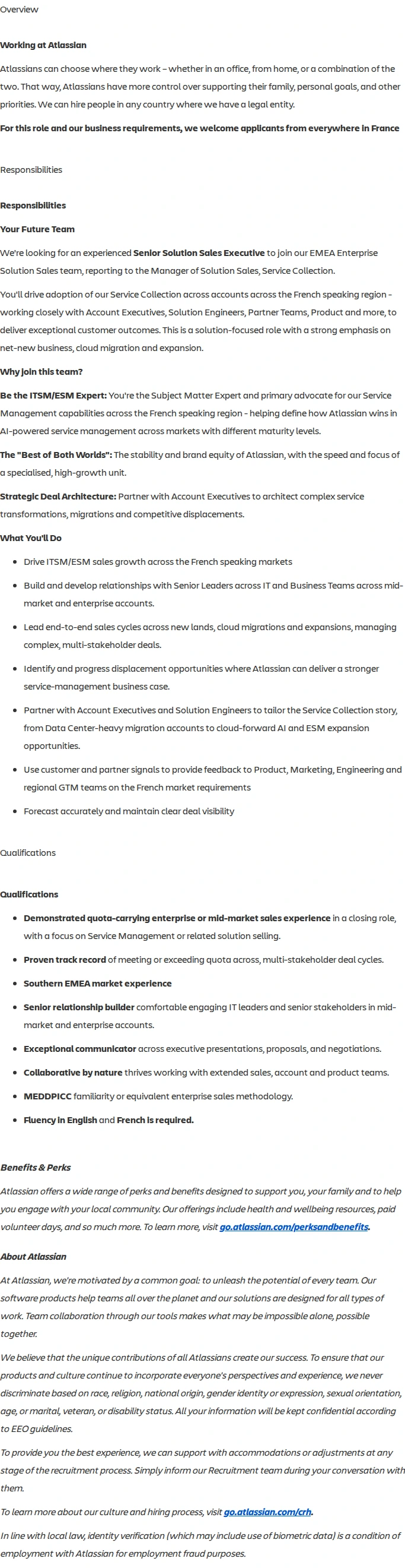 아틀라시안 Senior Solution Sales Executive, Service Collection (ITSM/ESM/CX), France 채용공고