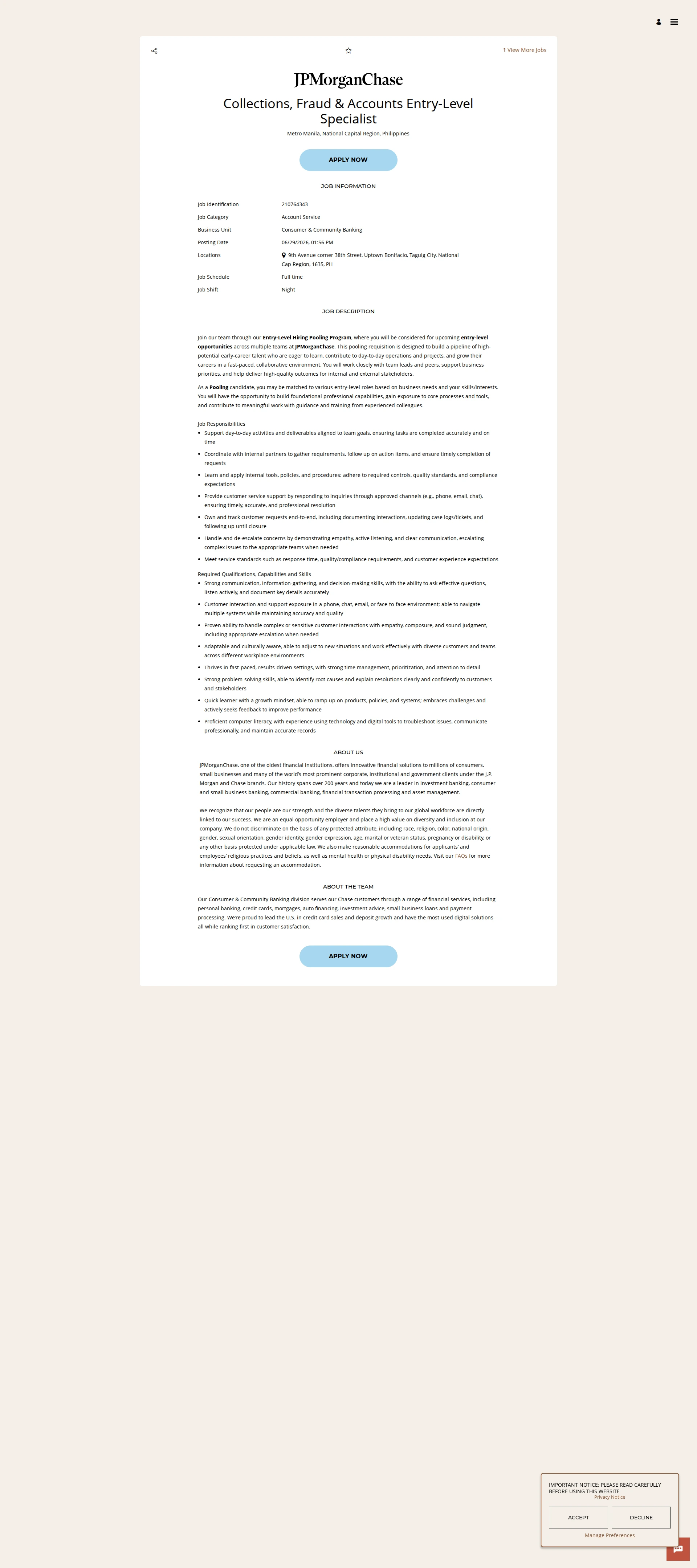 JPMorganChase Collections, Fraud & Accounts Entry-Level Specialist 채용공고