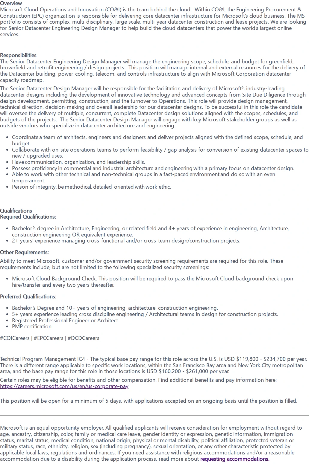 마이크로소프트(Microsoft) Senior Datacenter Engineering Design Manager 채용공고