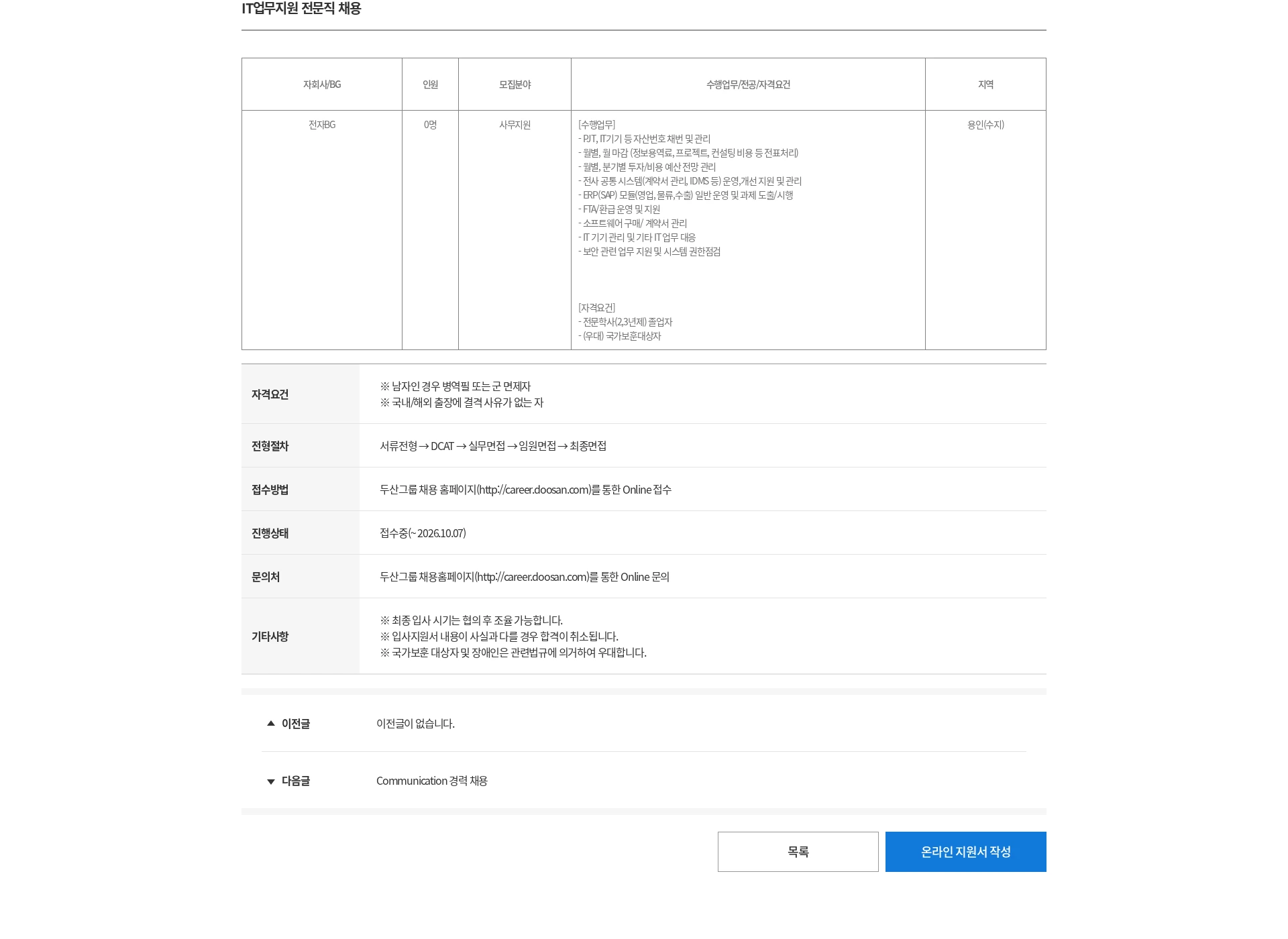 두산 IT업무지원 전문직 채용 채용공고