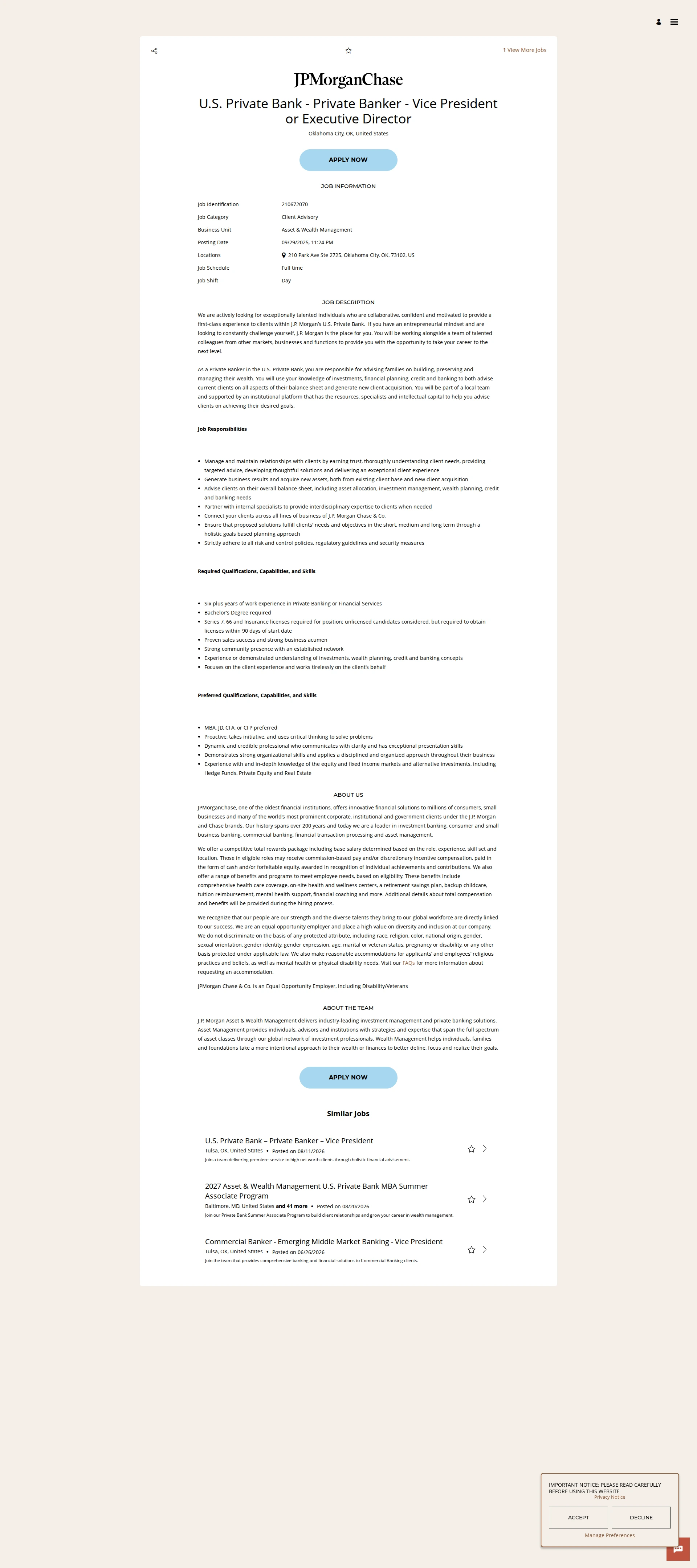 JPMorganChase U.S. Private Bank - Private Banker - Vice President or Executive Director 채용공고