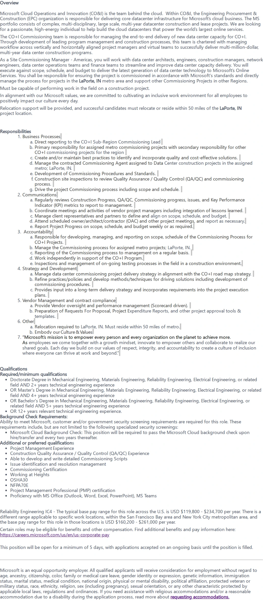 마이크로소프트(Microsoft) Commissioning Manager - Americas 채용공고