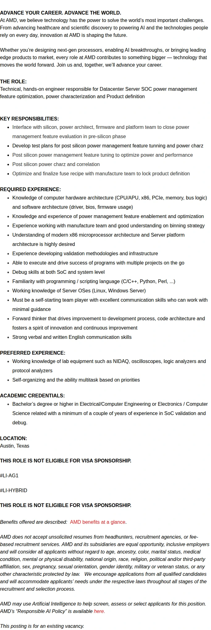 AMD Power Analysis and Optimization Engineer 채용공고